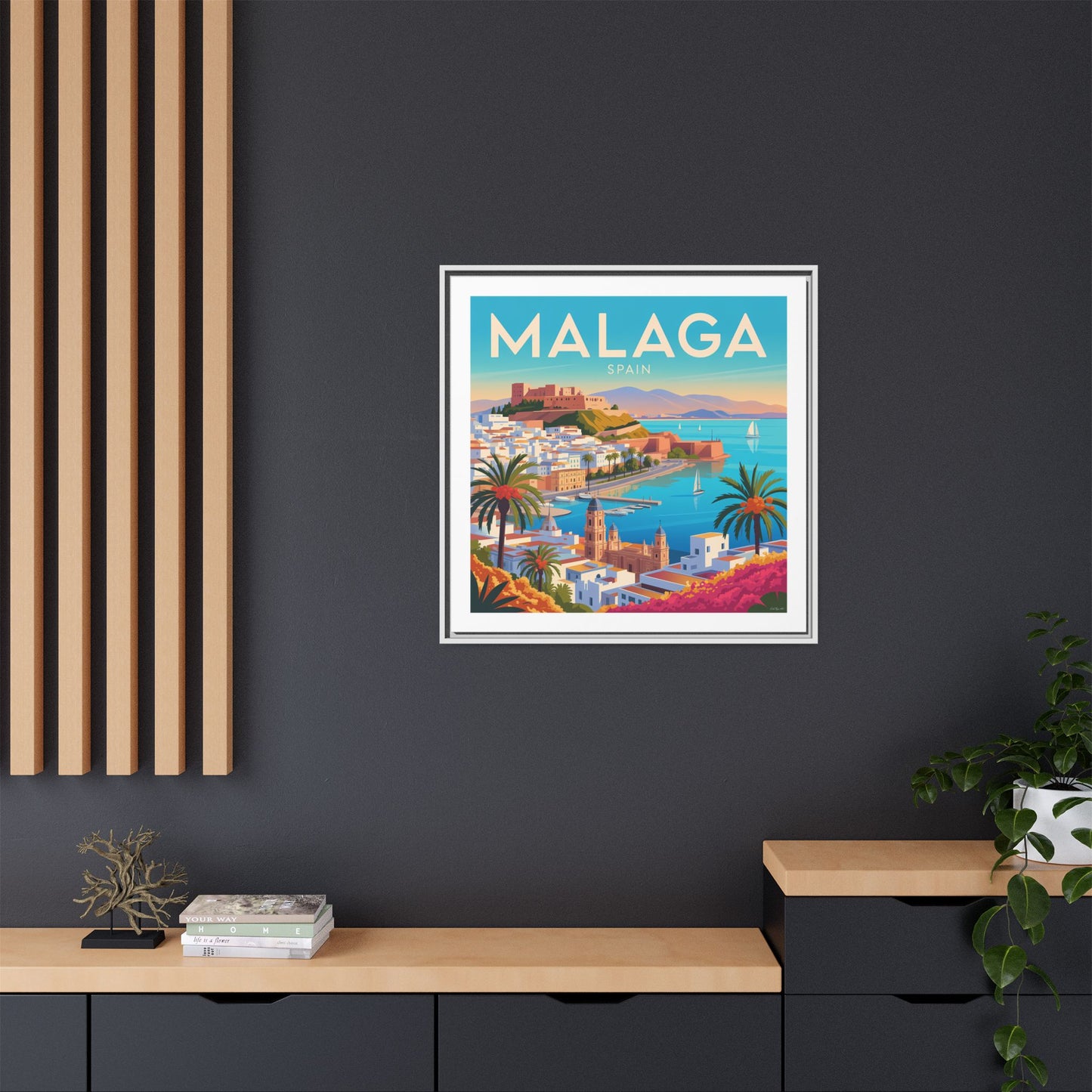 Malaga Spain Coastal Matte Canvas Framed Wall Art| Vintage Style Travel Art