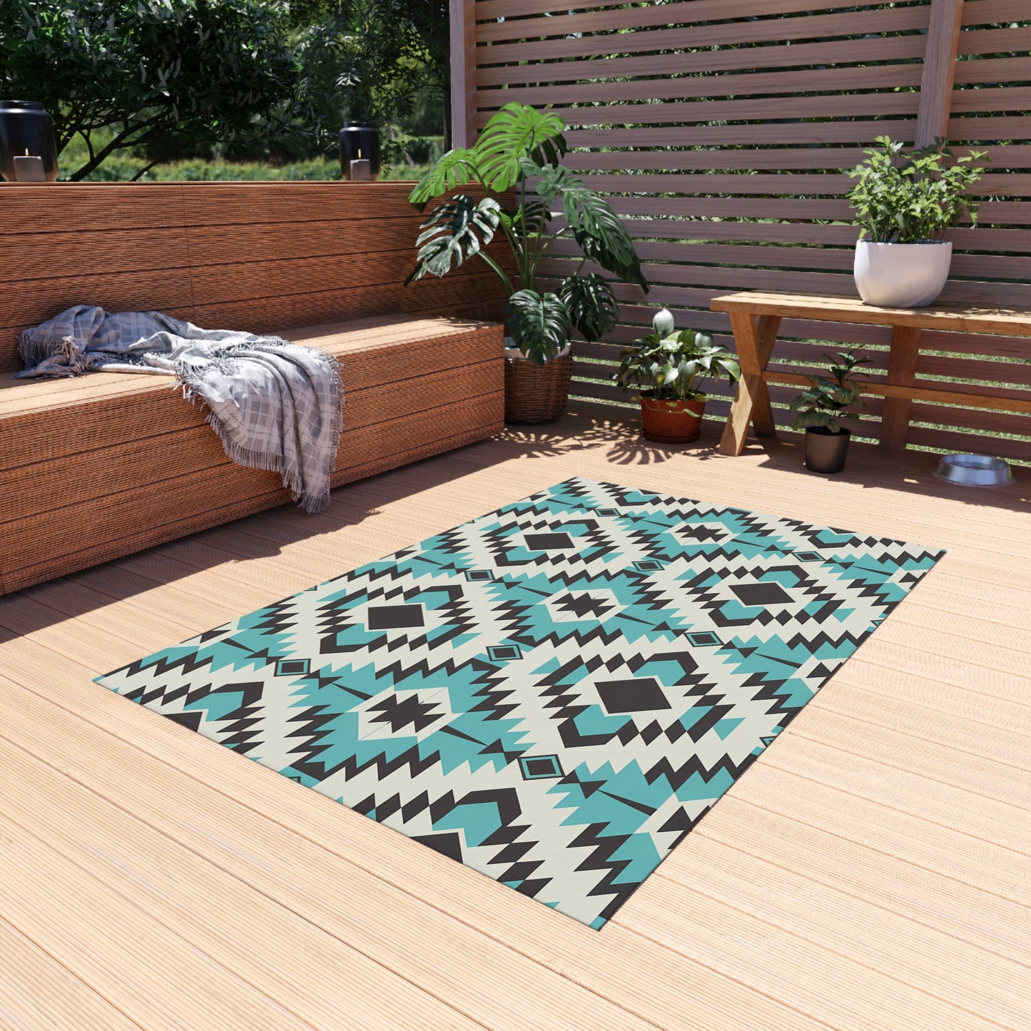 Turquoise, Black and White Stylish Outdoor Rug for Patios, Boho Decor, Area Mat, Deck Accessory, Indoor/Outdoor Use - LOLA VEGAS ART
