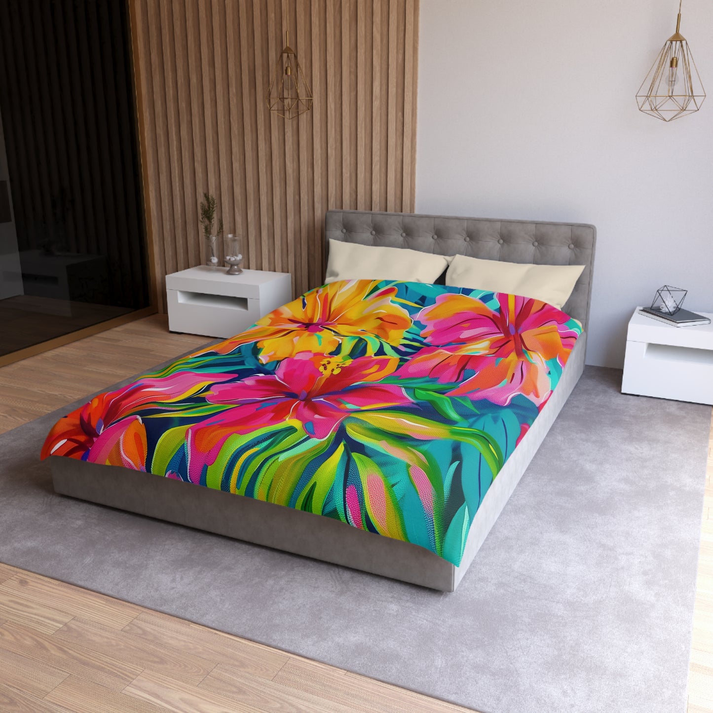 Tropical Floral Microfiber Duvet Cover - Vibrant Bedding, Boho Home Decor, Floral Print Cover, Summer Vibes, Gift for Her, Pink and Green - LOLA VEGAS ART
