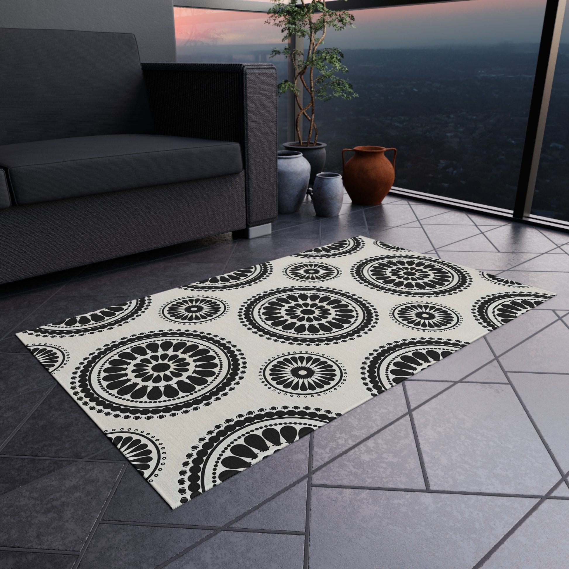 Black and White Stylish Outdoor Rug for Patios, Decks, and Gardens - Boho Chic Floor Mat for Entertaining, Home Decor, Picnic, Camping - LOLA VEGAS ART