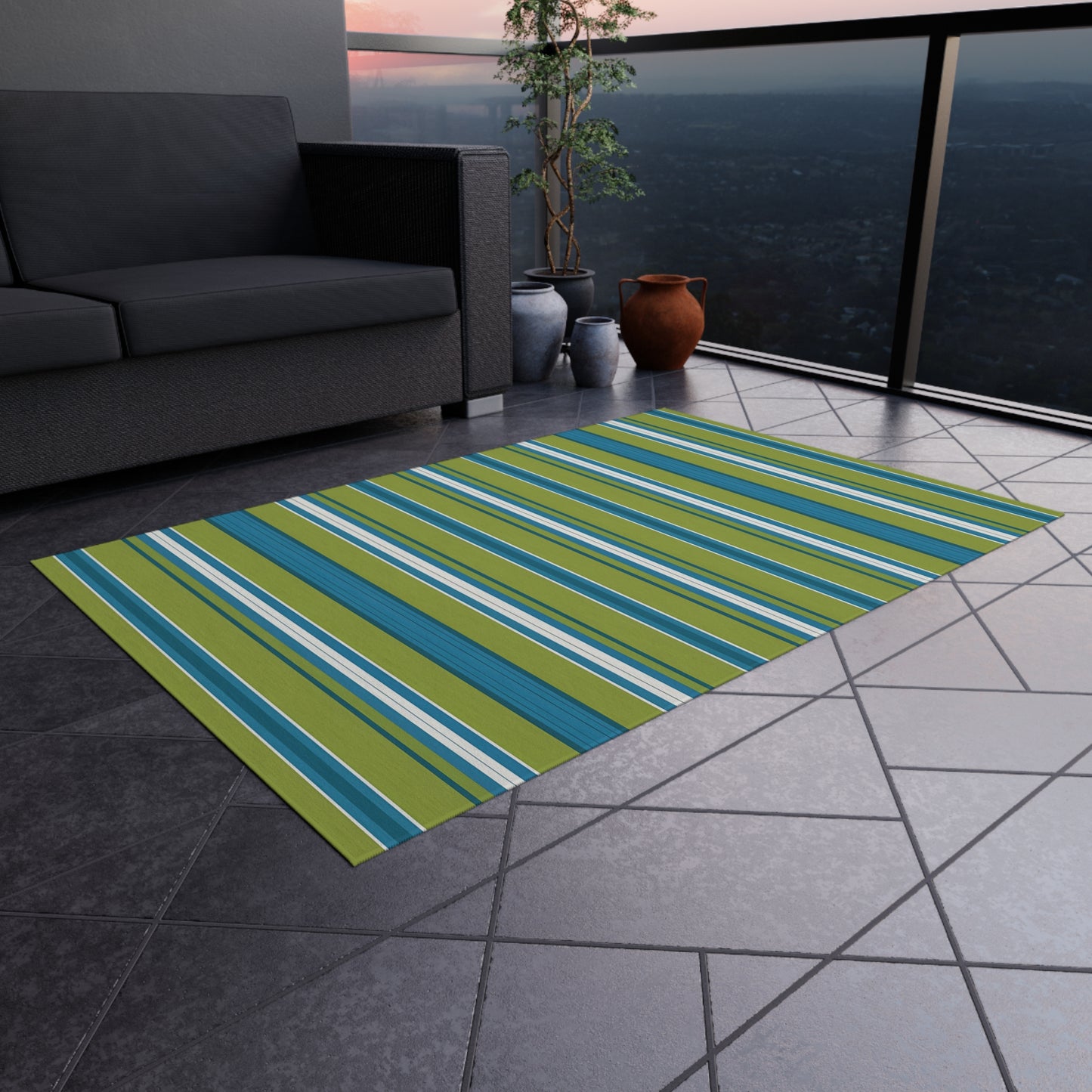 Blue Green White Stripe Outdoor/Indoor Rug | Patio Deck Mat