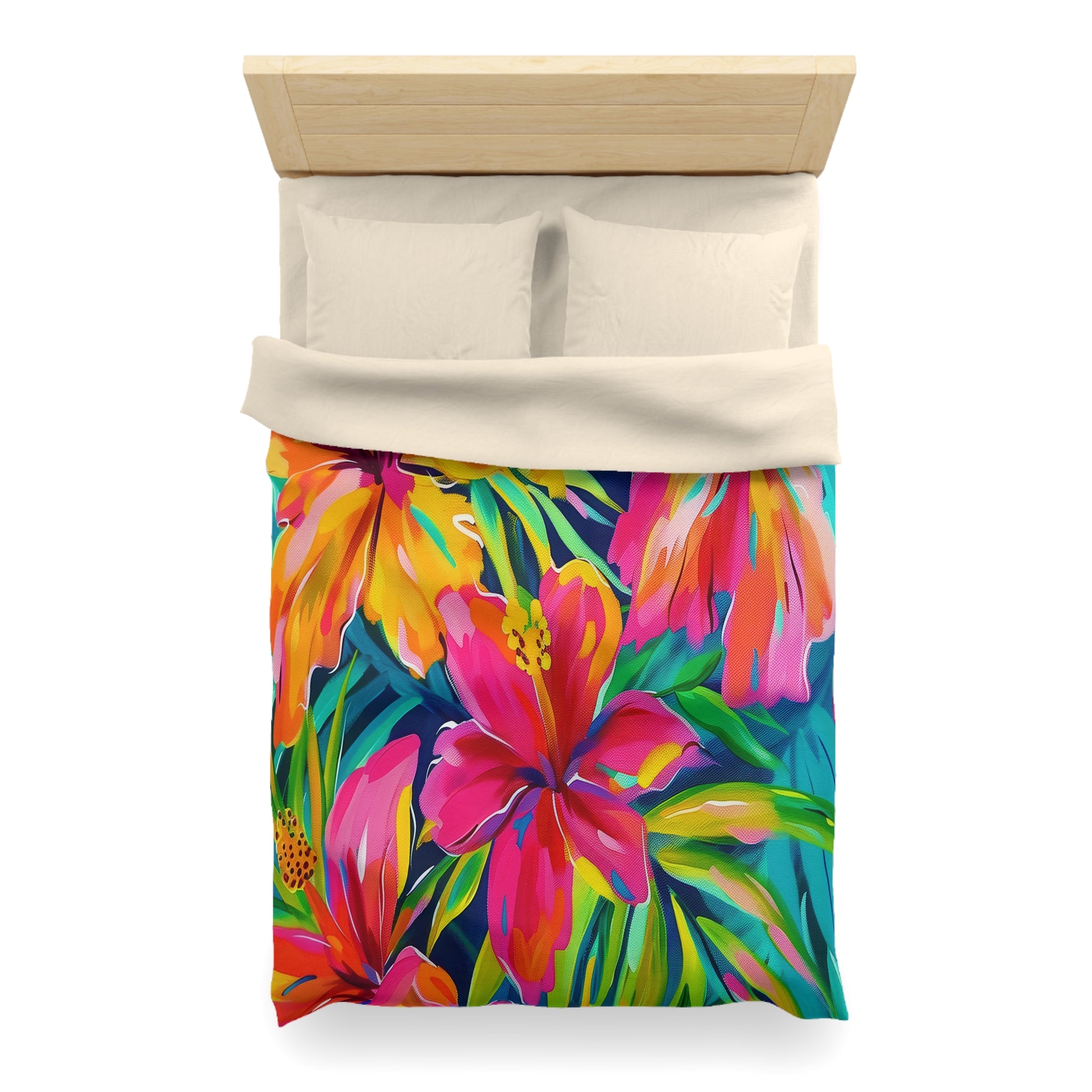 Tropical Floral Microfiber Duvet Cover - Vibrant Bedding, Boho Home Decor, Floral Print Cover, Summer Vibes, Gift for Her, Pink and Green - LOLA VEGAS ART