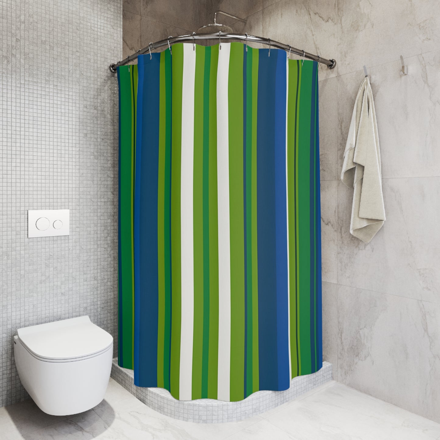 Green Blue Vertical Stripe Shower Curtain | Coastal Bathroom Decor