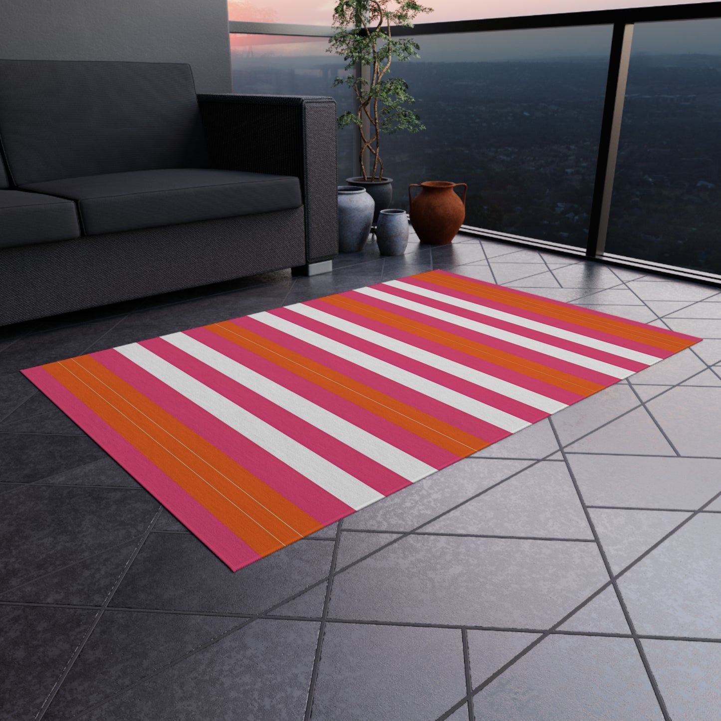 Bright Pink Orange Stripe Outdoor/Indoor Rug | Patio Mat, Weatherproof