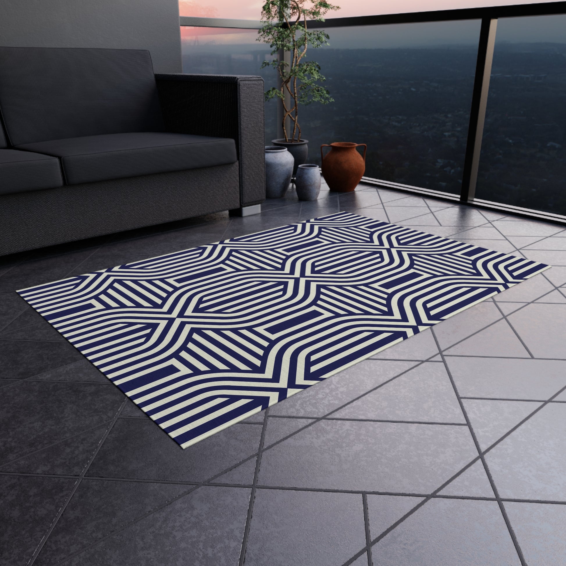 Navy and White Stylish Outdoor Rug, Patio Decor, Garden Mat, Indoor-Outdoor Area Rug, Beach Blanket, Porch Accent, Home Decoration - LOLA VEGAS ART