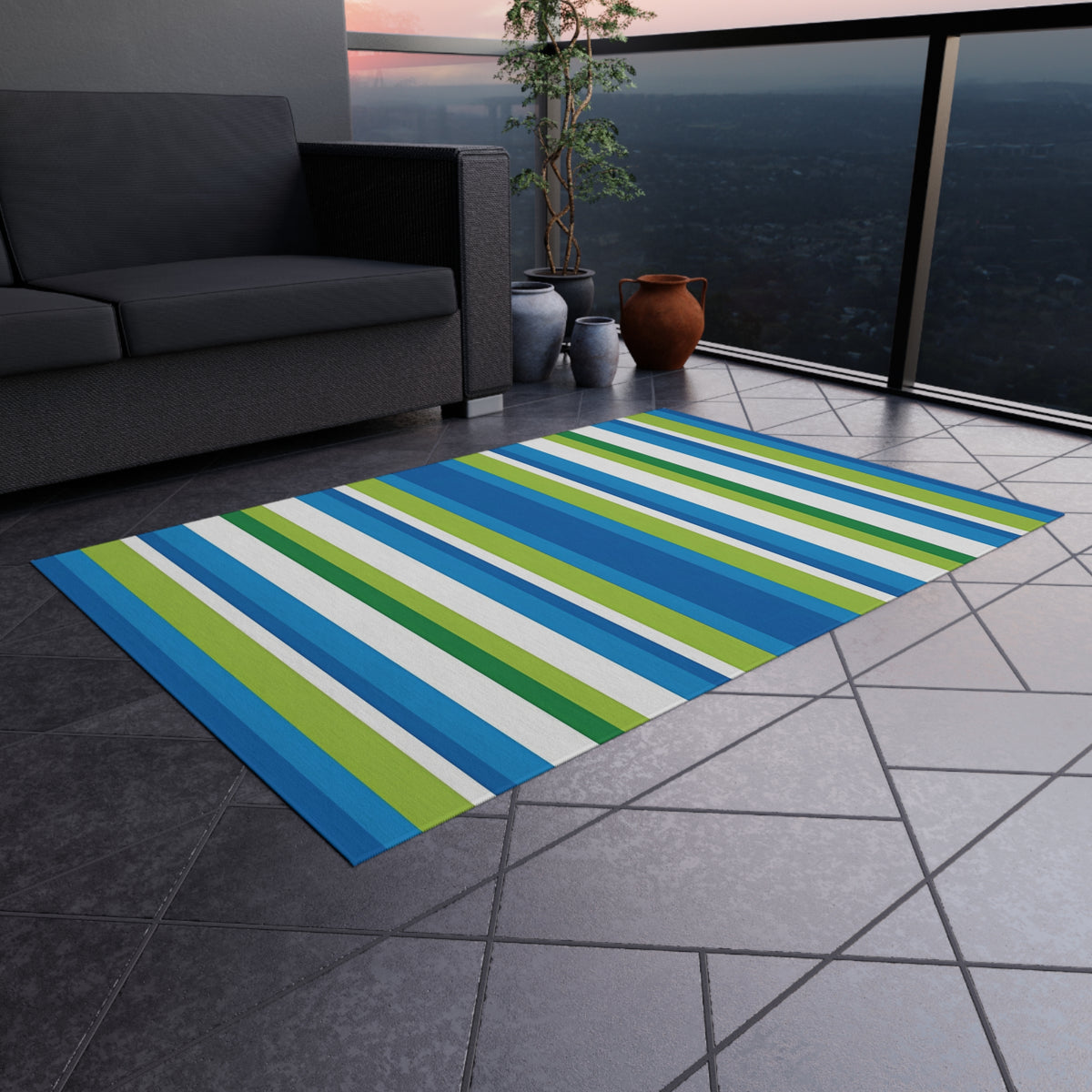 Blue Green Striped Outdoor/Indoor Rug | Patio Mat