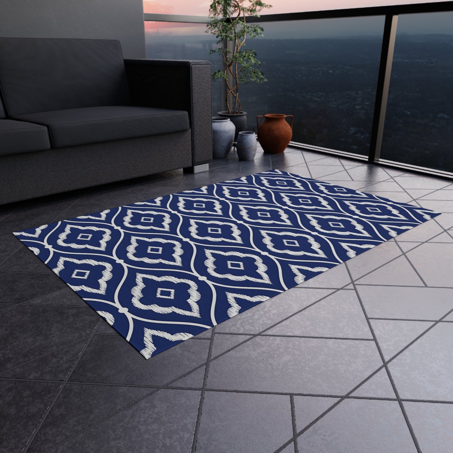 Navy White Ikat Geometric Outdoor/Indoor Rug | Patio Mat