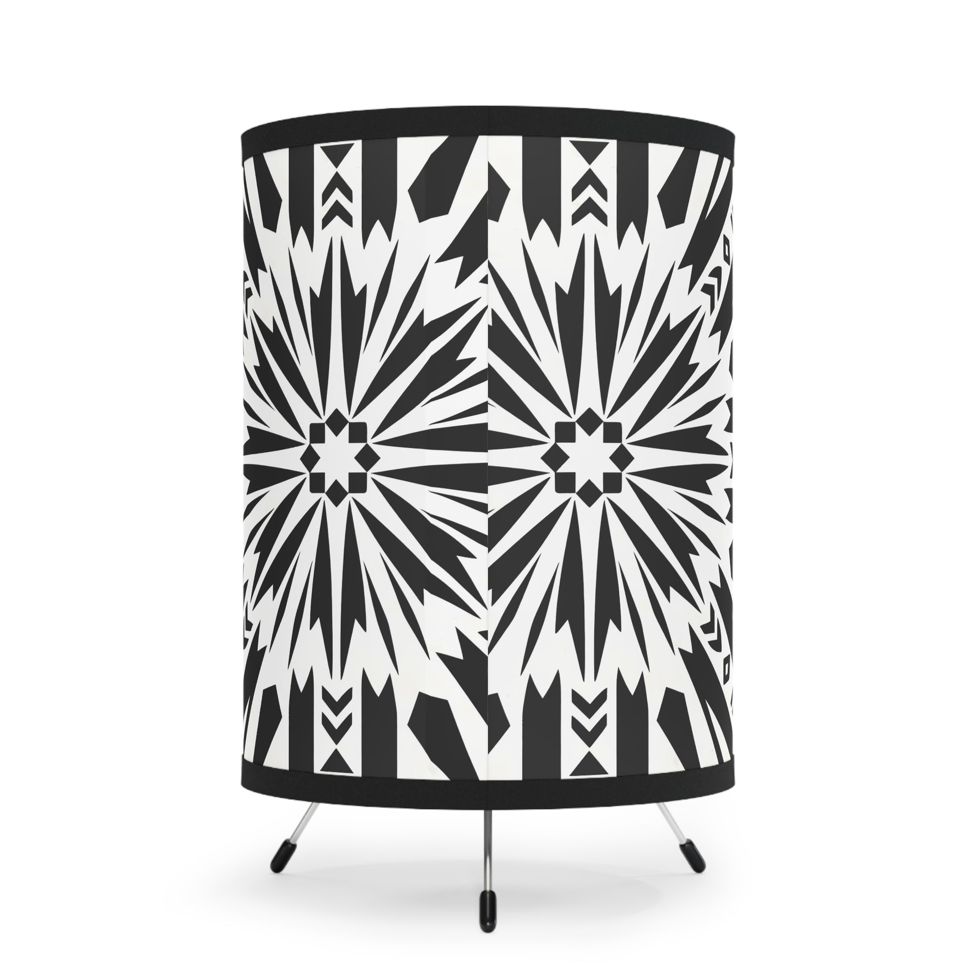 Black and White Modern Tribal Tripod Lamp with Bold High-Res Print, Boho Decor, Living Room Accent, Unique Lighting - LOLA VEGAS ART
