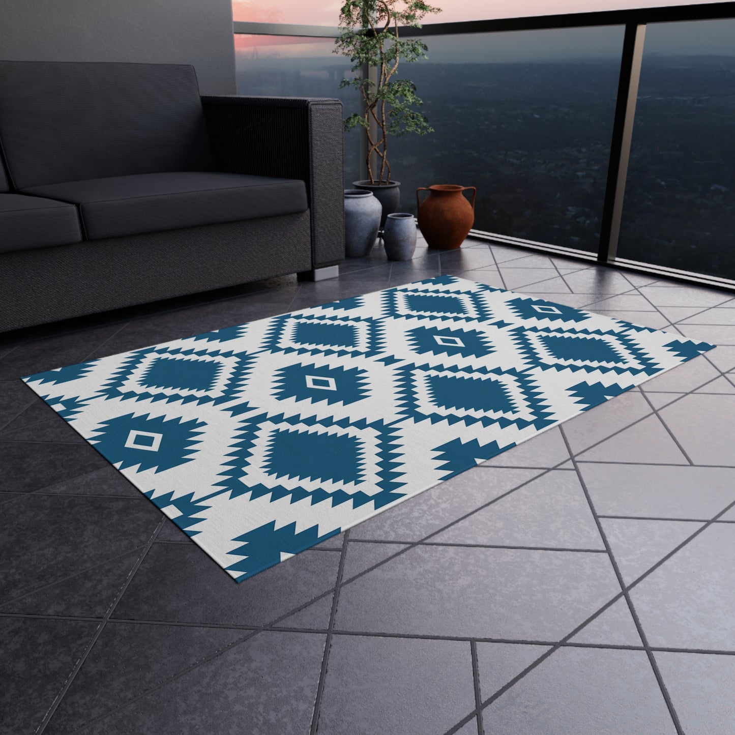 Blue White Aztec Diamond Outdoor/Indoor Rug | Geometric Patio Mat