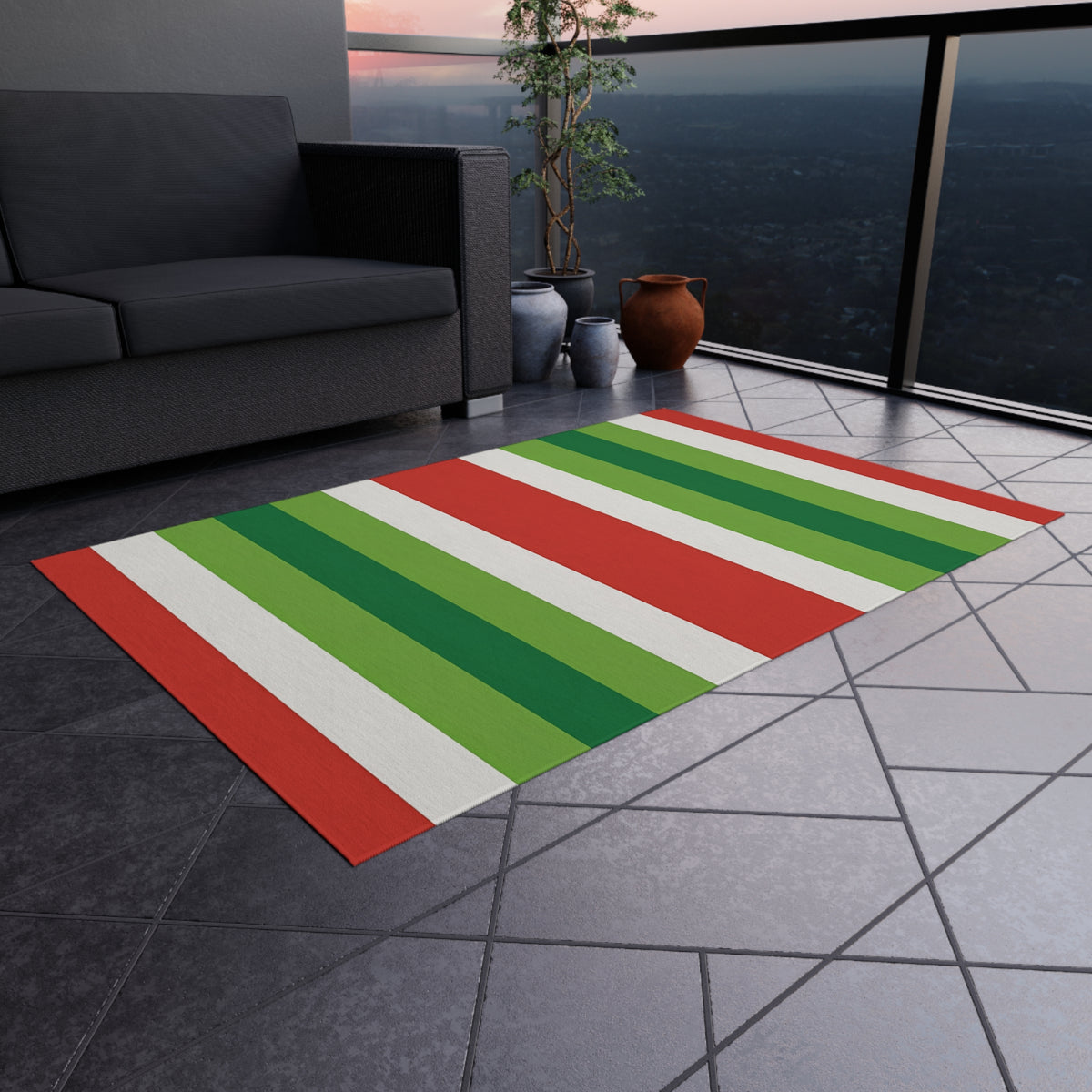 Red White Green Stripe Outdoor Rug | Patio Deck Mat