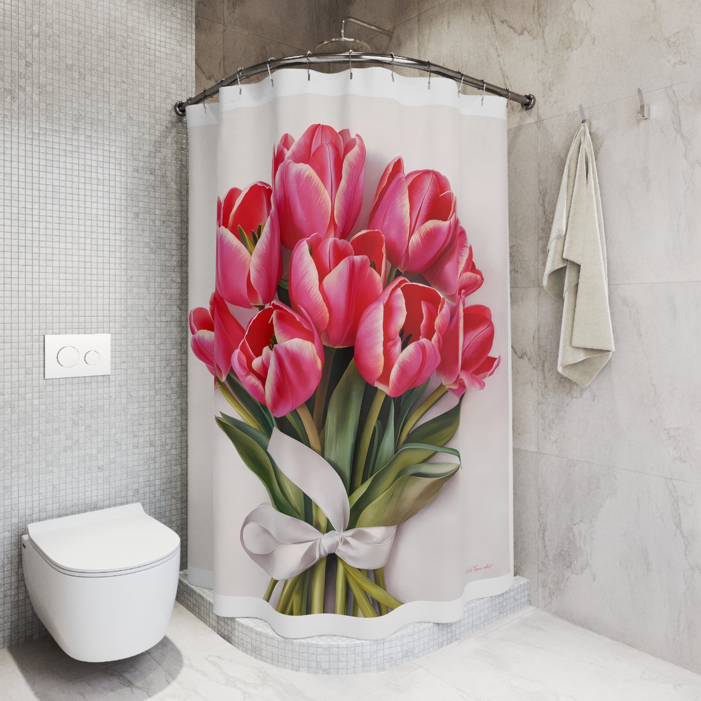 Pink Tulip Bouquet Shower Curtain - Feminine Farmhouse Bathroom Decor, Floral Bath Accessories, White Bathroom Curtain, Spring Flower Home - LOLA VEGAS ART