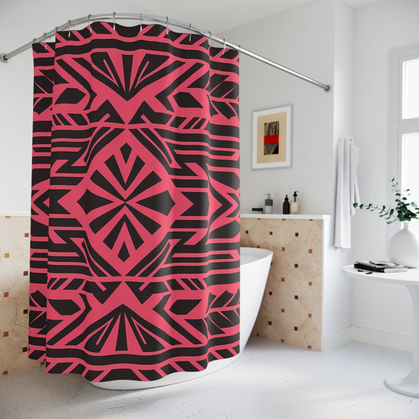 Boho Tribal Black Shower Curtain, Southwest Design on Pink-Red Background Bathroom Decor, Unique Home Accent, Hippie Style Bath Curtain, - LOLA VEGAS ART