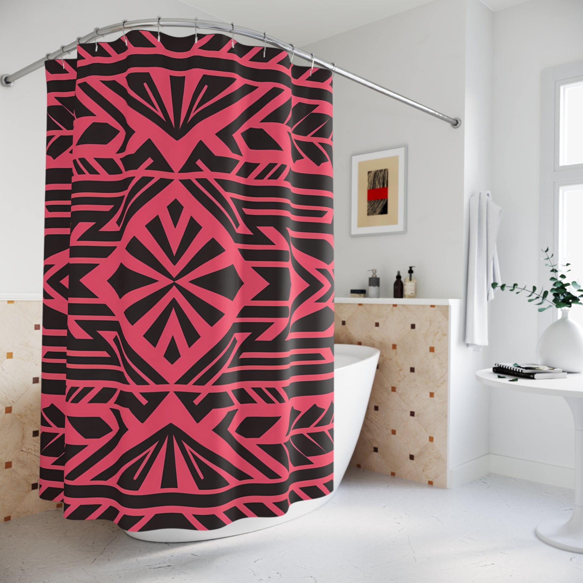 Boho Tribal Black Shower Curtain, Southwest Design on Pink-Red Background Bathroom Decor, Unique Home Accent, Hippie Style Bath Curtain, - LOLA VEGAS ART