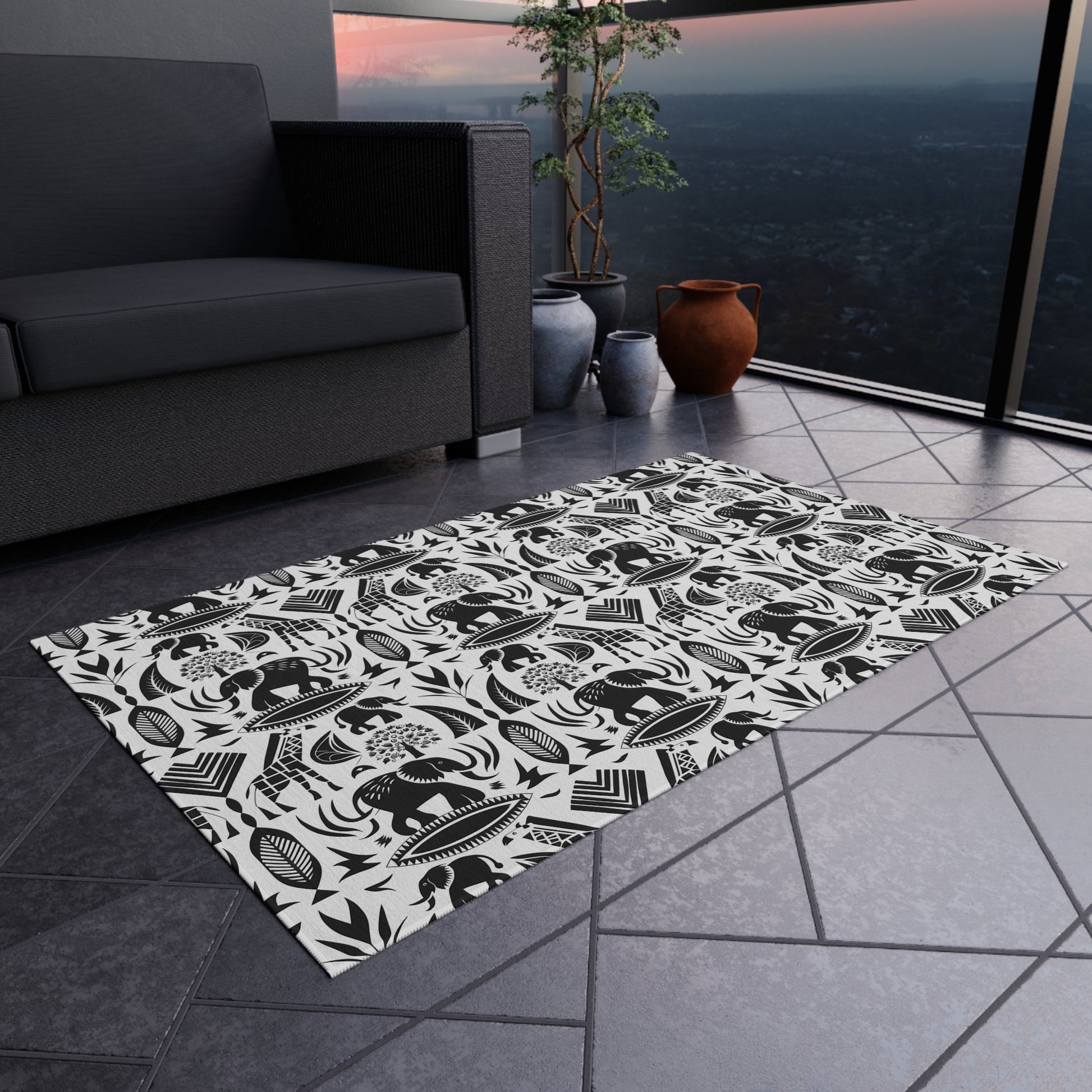 Black/White jungle Indoor/Outdoor Bohemian Rug, Stylish Patio Mat, Home Decor, Garden Area, Picnic Essentials, Unique Gift for Nature Lovers - LOLA VEGAS ART