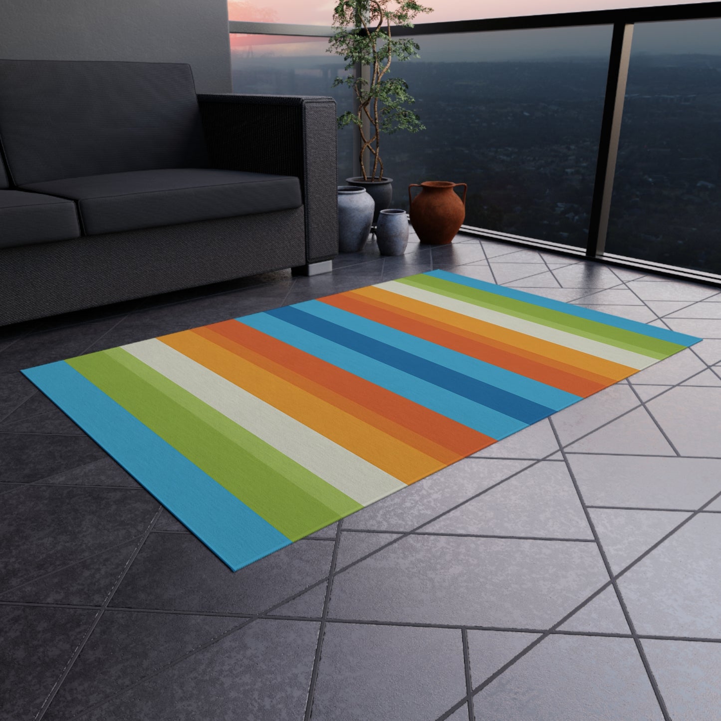 Colorful Vertical Stripe Outdoor/Indoor Rug | Blue Orange Green Patio Mat