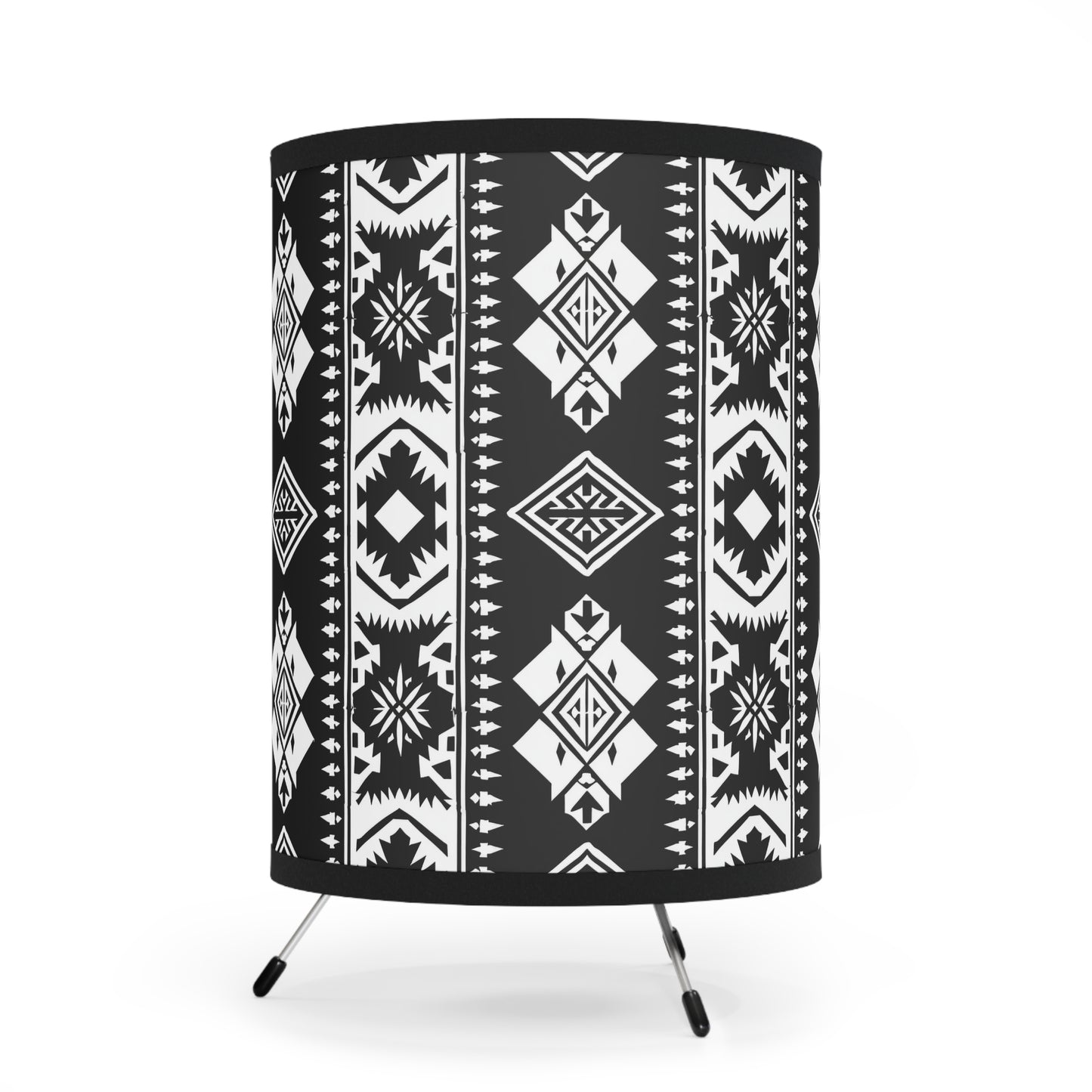 Bohemian Tripod Lamp - Modern Black and White Decor, Unique Table Light, Tribal Shade Lighting, Home Accent
