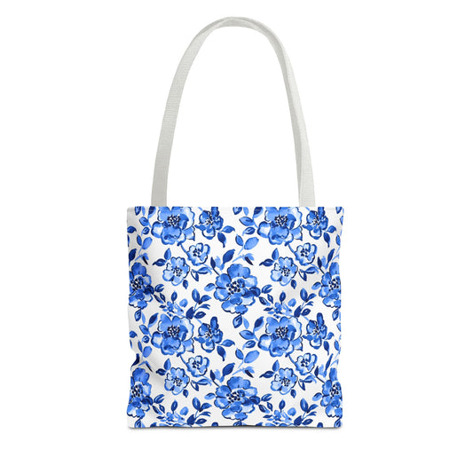 Blue Floral Tote Bag, Reusable Grocery Bag, Beach Bag, Shopping Tote, Gift for Her, Spring/Summer Accessory, Feminine Bag - LOLA VEGAS ART