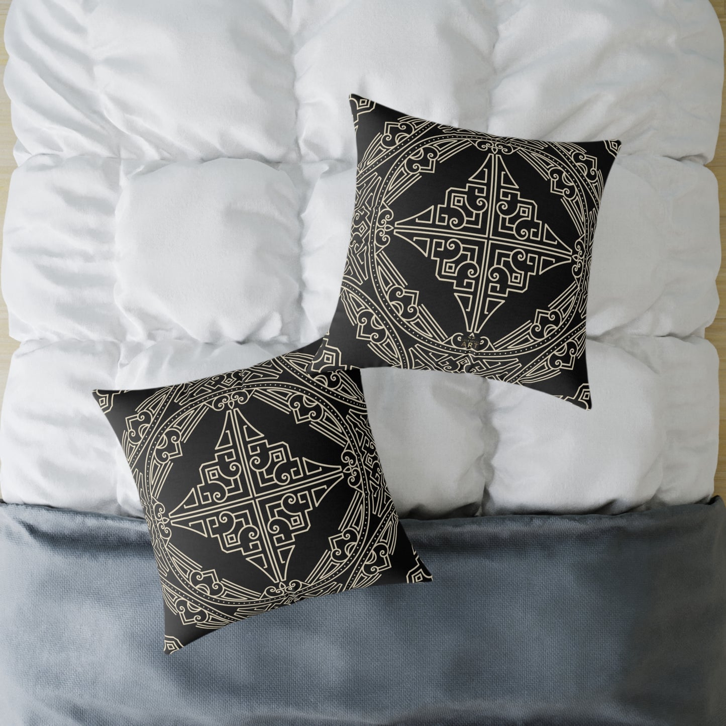Black and Off-White Geometric Celtic Knot Square Pillow | Poly Canvas Throw Pillow