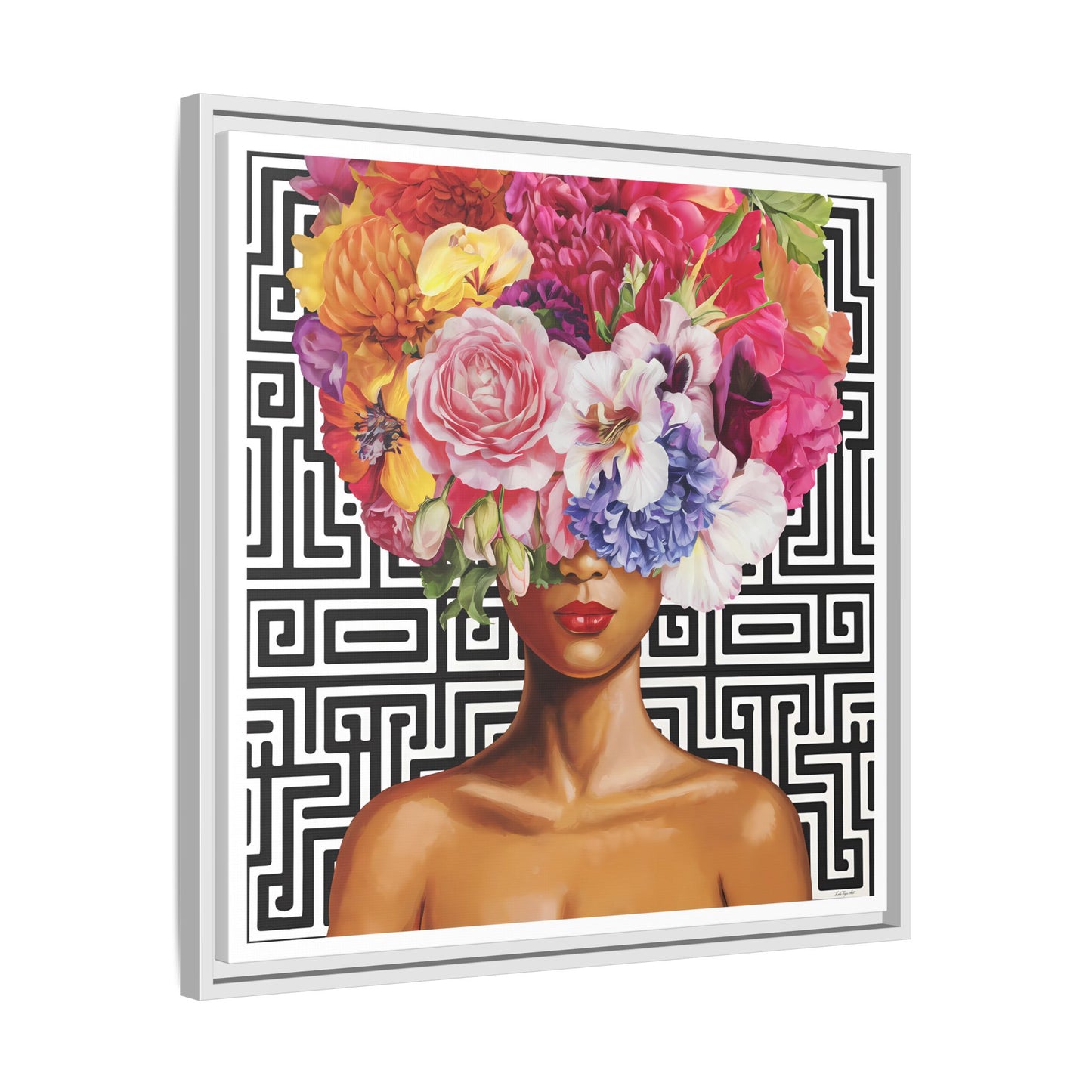 Framed Art Canvas: Vibrant Floral Portrait Decor, Boho Wall Art, Home Gallery, Gift for Her, Inspirational Art, Woman With Flower Head - LOLA VEGAS ART