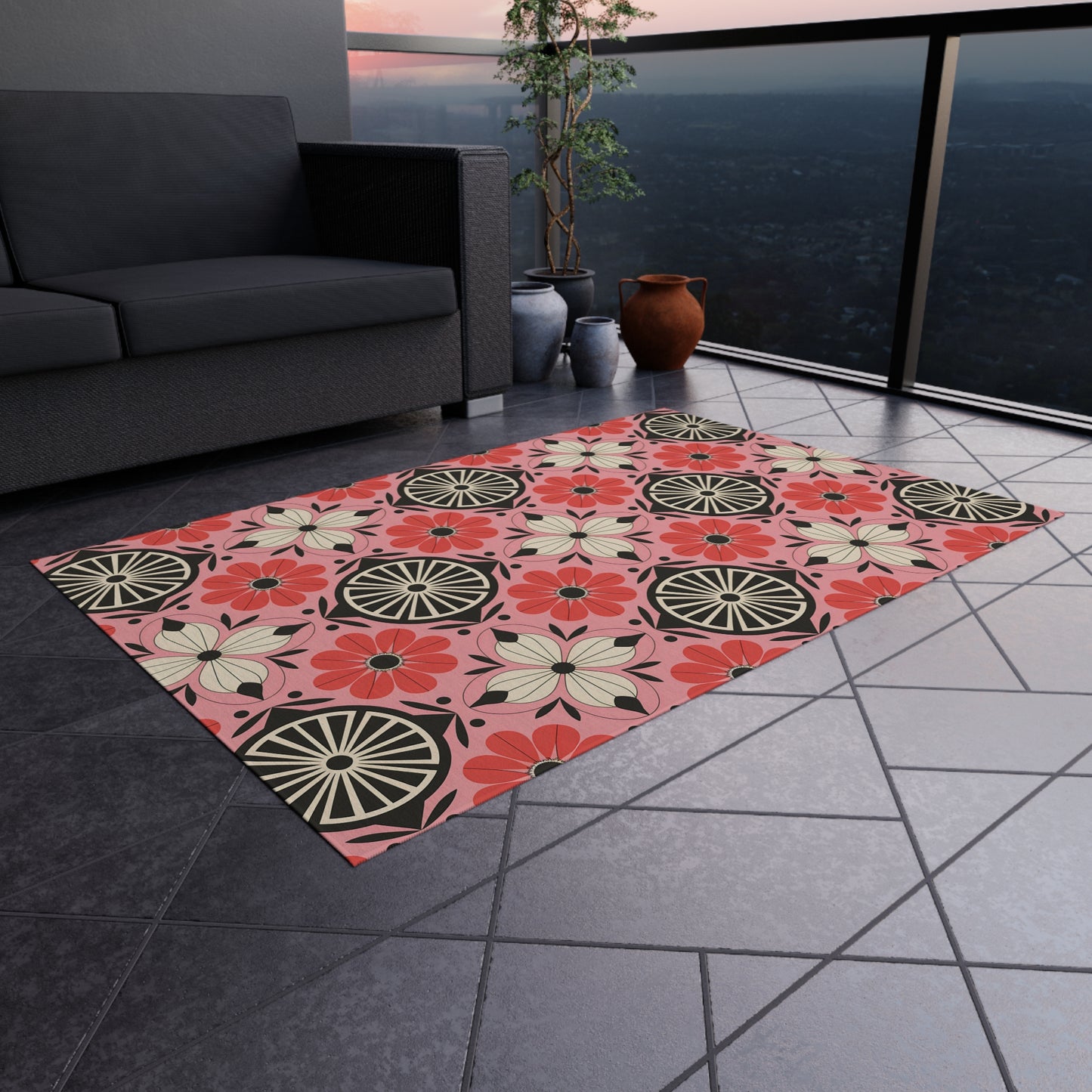 Pink, black and White Colorful Floral Outdoor/Indoor Rug, Garden Decor, Patio Mat, Boho Style Area Carpet, Eco-Friendly Home Accent