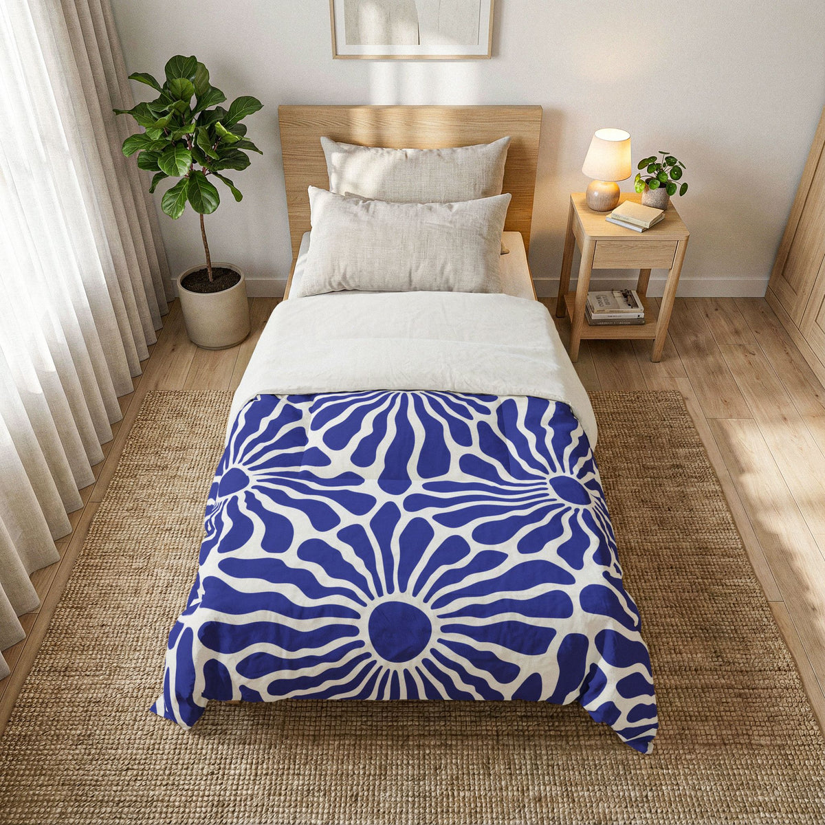 Blue Floral Burst Comforter | Duvet Cover, Navy Sunflower Pattern