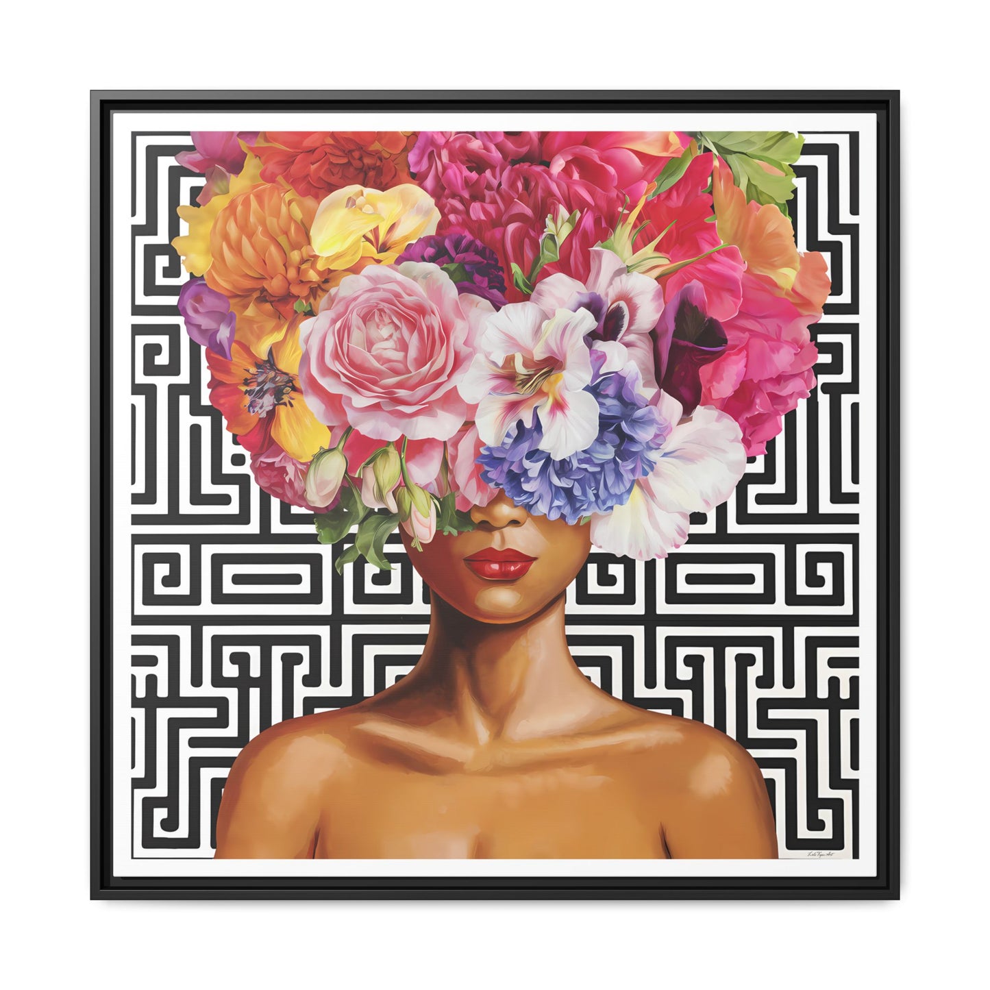 Framed Art Canvas: Vibrant Floral Portrait Decor, Boho Wall Art, Home Gallery, Gift for Her, Inspirational Art, Woman With Flower Head - LOLA VEGAS ART