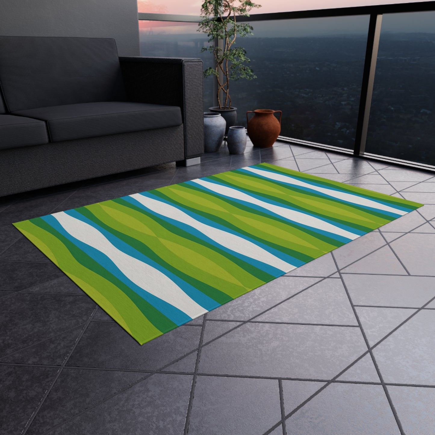Green Blue White Wave Pattern Outdoor Rug | Striped Patio Mat