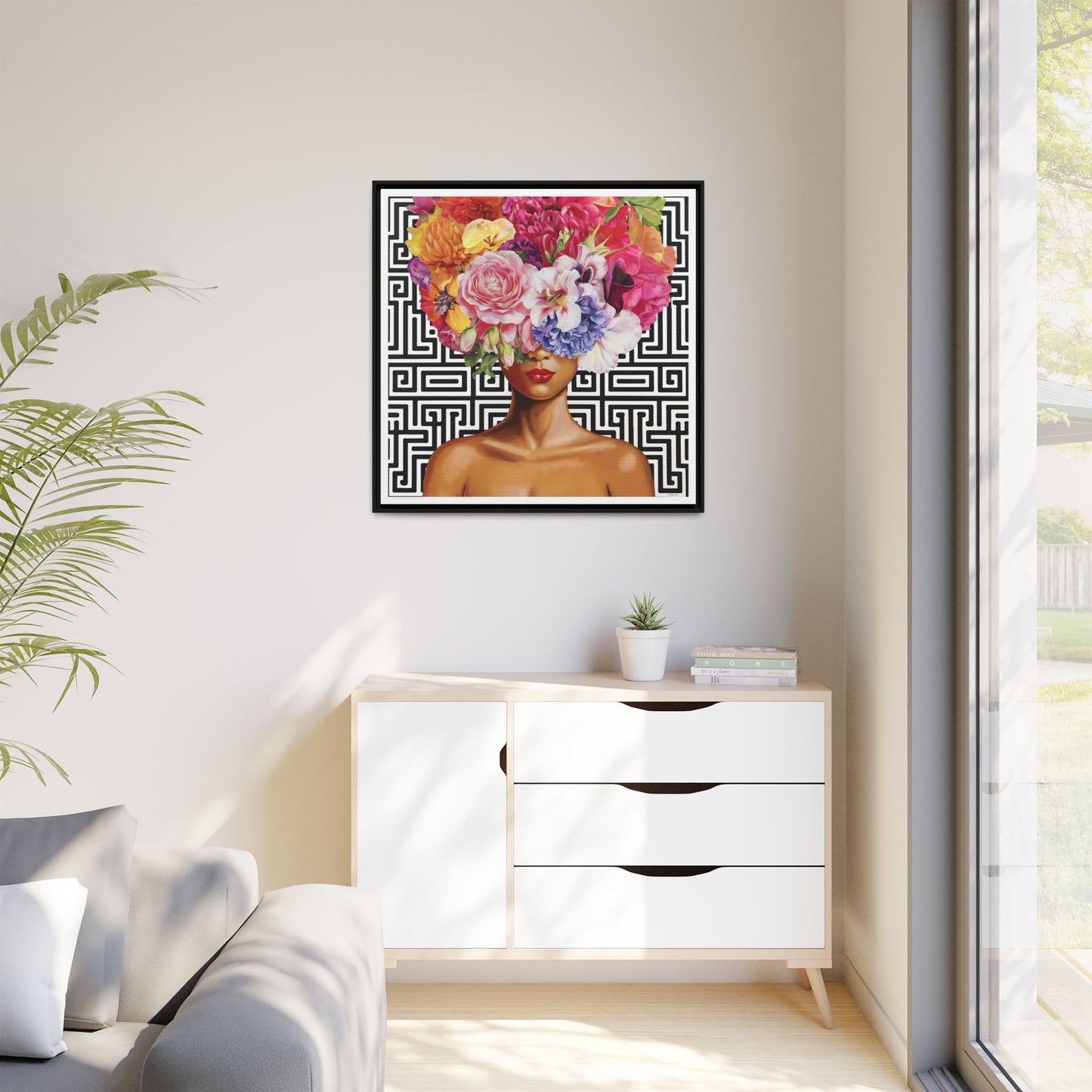 Framed Art Canvas: Vibrant Floral Portrait Decor, Boho Wall Art, Home Gallery, Gift for Her, Inspirational Art, Woman With Flower Head - LOLA VEGAS ART
