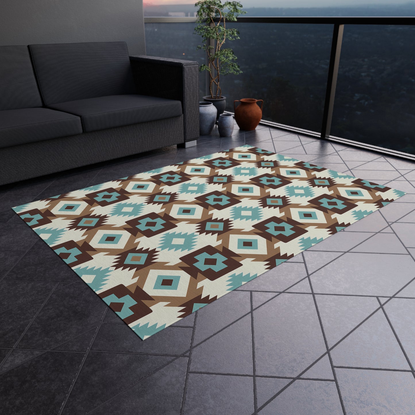 Turquoise, brown, white Stylish Outdoor/Indoor Rug for Patios, Bohemian Decor, Modern Outdoor Living, Picnic Essentials, Garden Party Decor - LOLA VEGAS ART
