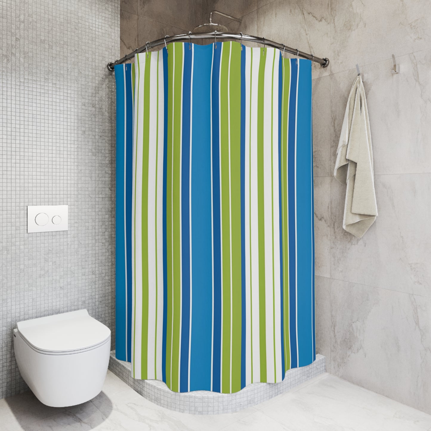 Blue Green Vertical Stripes Shower Curtain | Nautical Bathroom Stripe