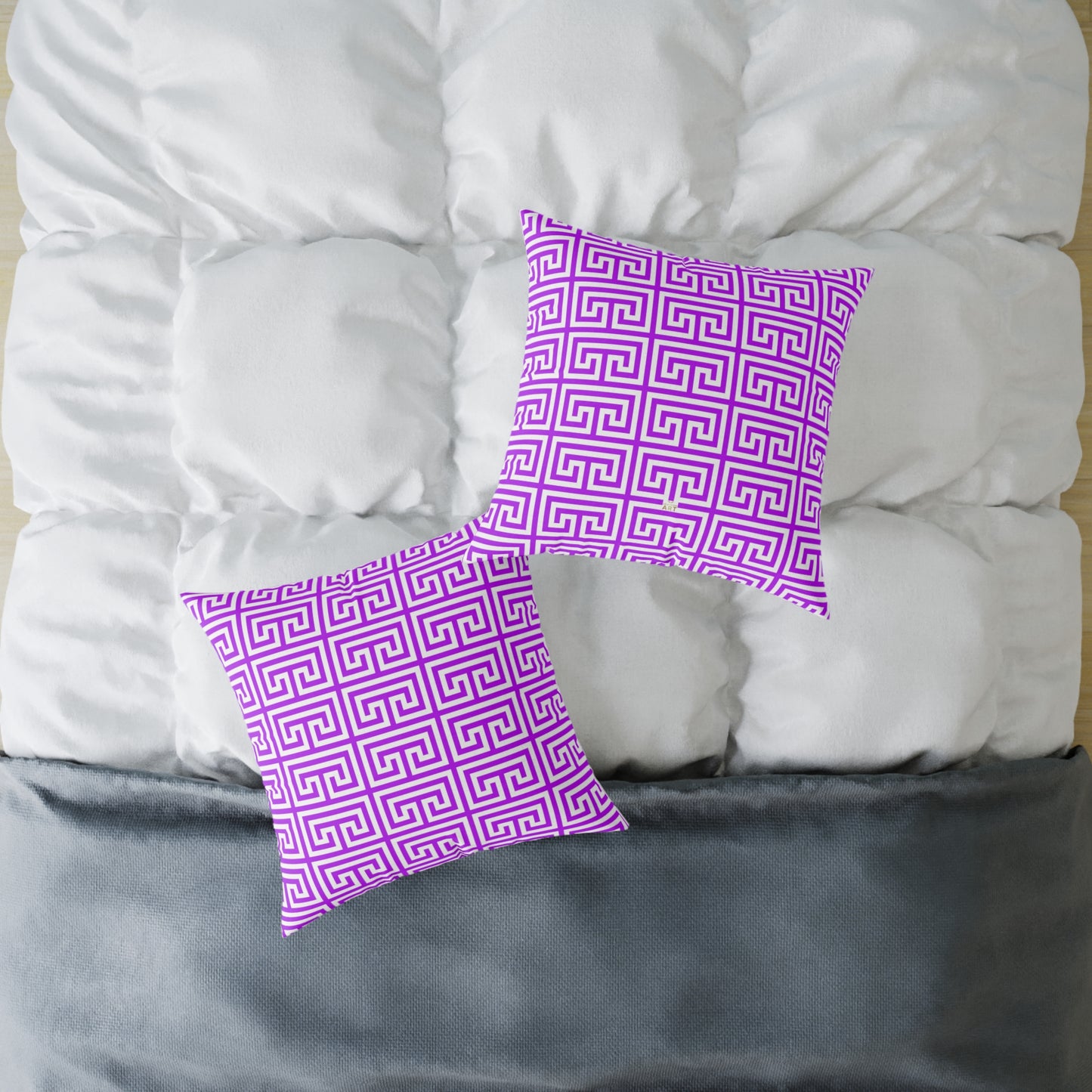 Geometric Purple White Greek Key Pattern Pillow | Square Poly Canvas Pillow