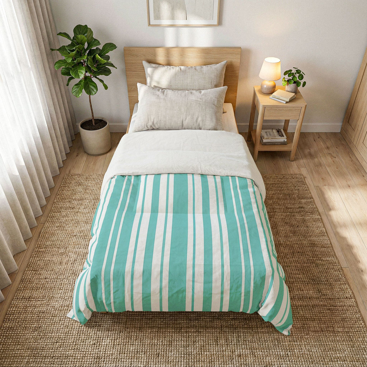 Aqua Vertical Stripes Comforter | Teal White Striped Comforter