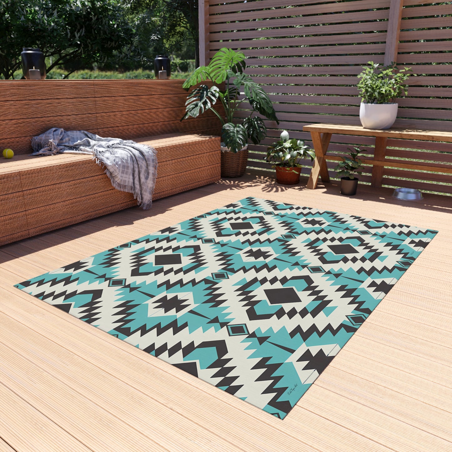 Turquoise, Black and White Stylish Outdoor Rug for Patios, Boho Decor, Area Mat, Deck Accessory, Indoor/Outdoor Use - LOLA VEGAS ART