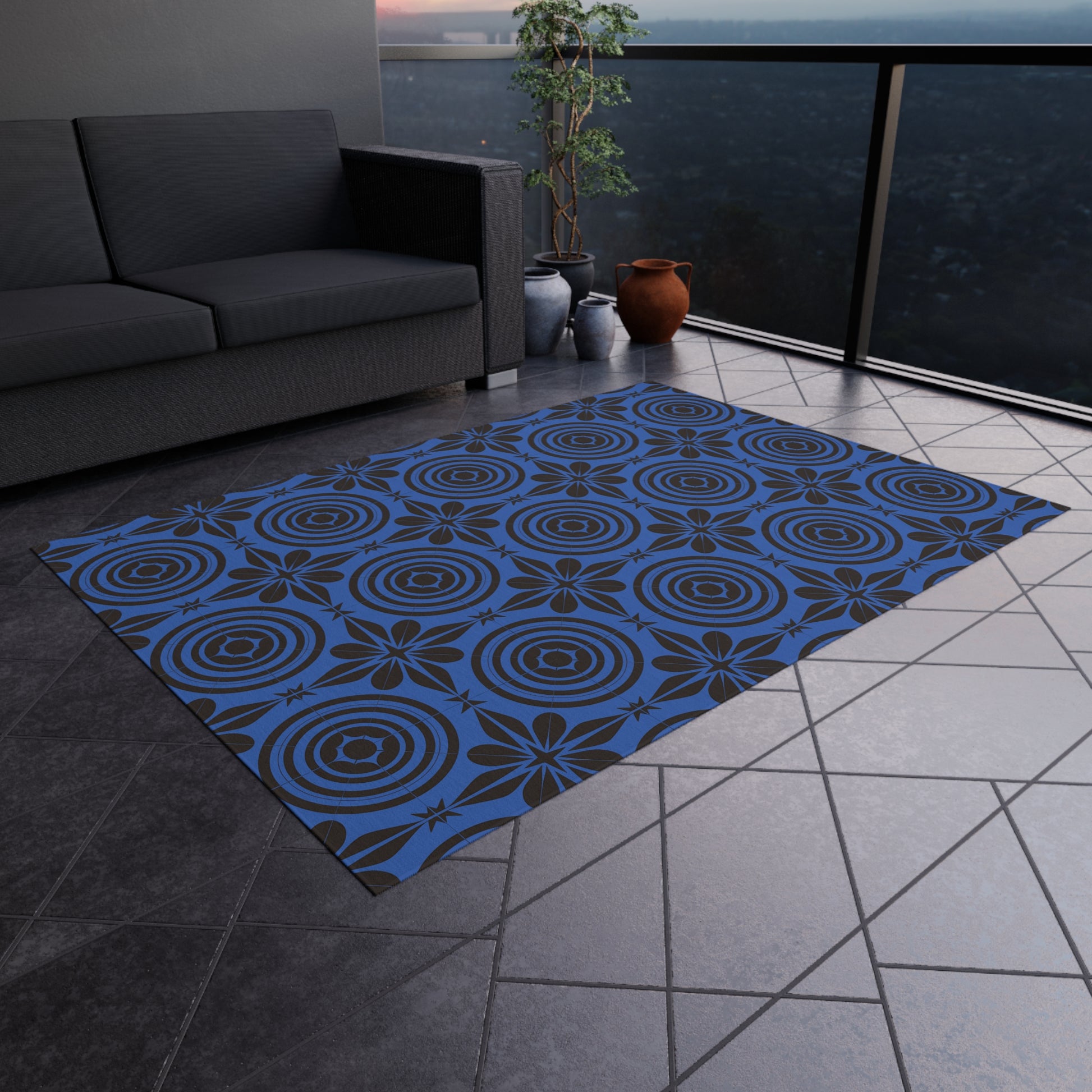 Blue and Black Outdoor Area Rug, Bohemian Patio Carpet, Garden Mat, Outdoor Living Decor, Front Porch Rug, All-Weather Floor Covering - LOLA VEGAS ART