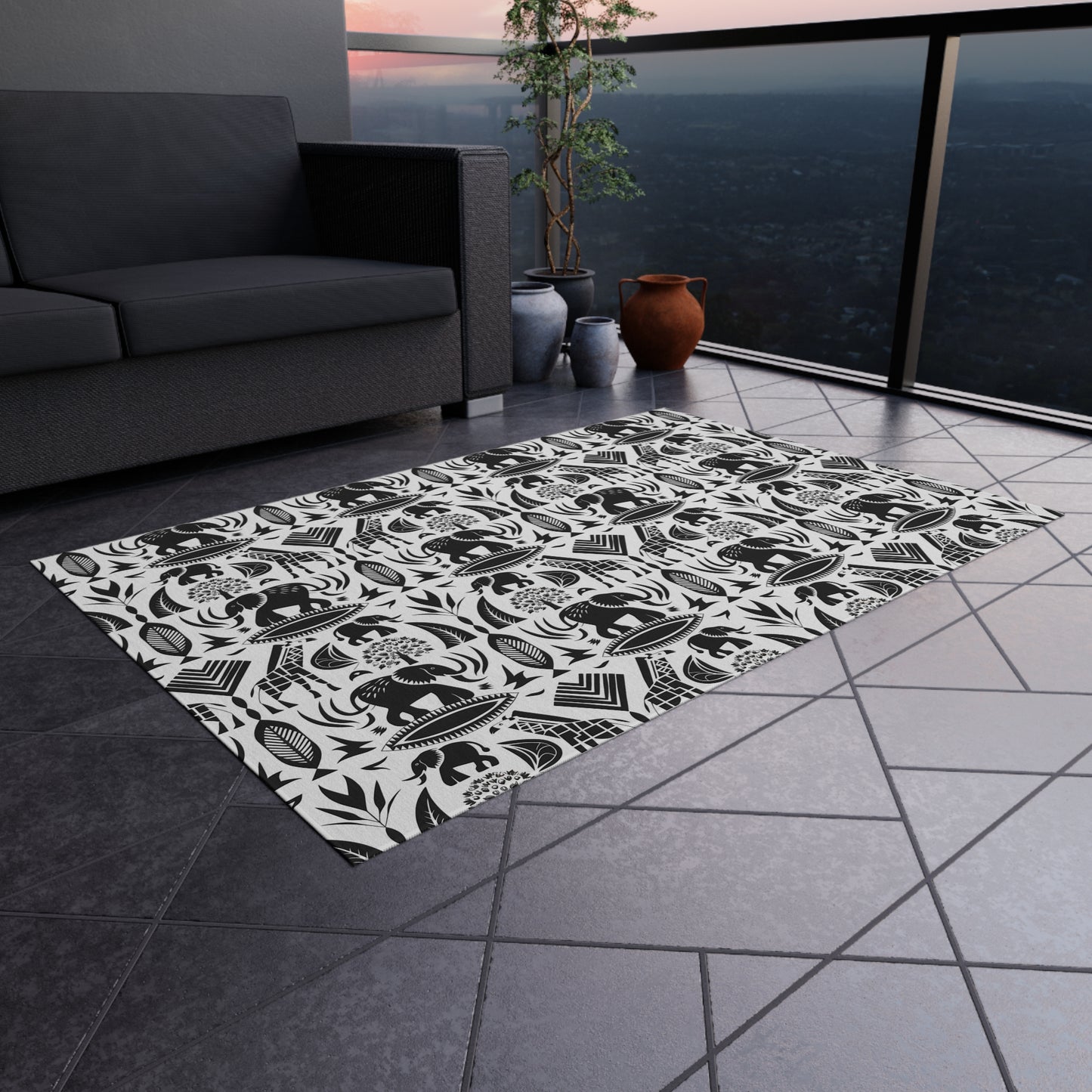 Black/White jungle Indoor/Outdoor Bohemian Rug, Stylish Patio Mat, Home Decor, Garden Area, Picnic Essentials, Unique Gift for Nature Lovers - LOLA VEGAS ART