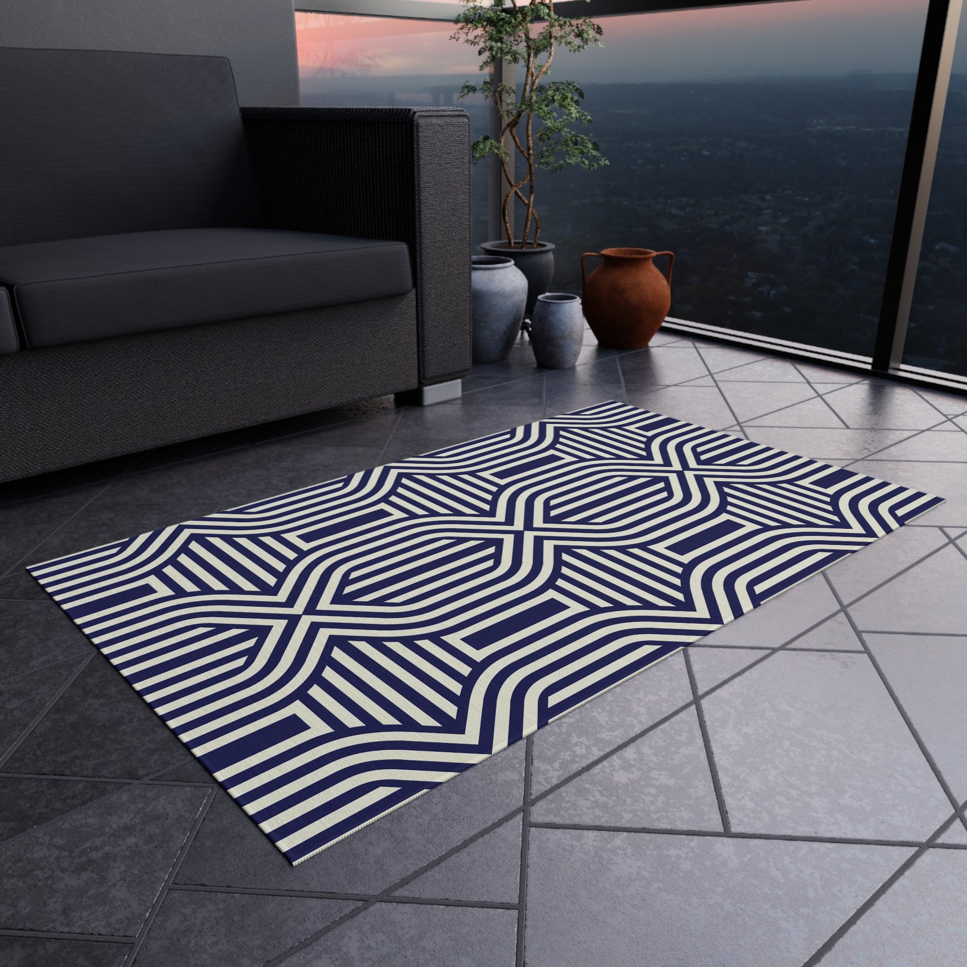 Navy and White Stylish Outdoor Rug, Patio Decor, Garden Mat, Indoor-Outdoor Area Rug, Beach Blanket, Porch Accent, Home Decoration - LOLA VEGAS ART