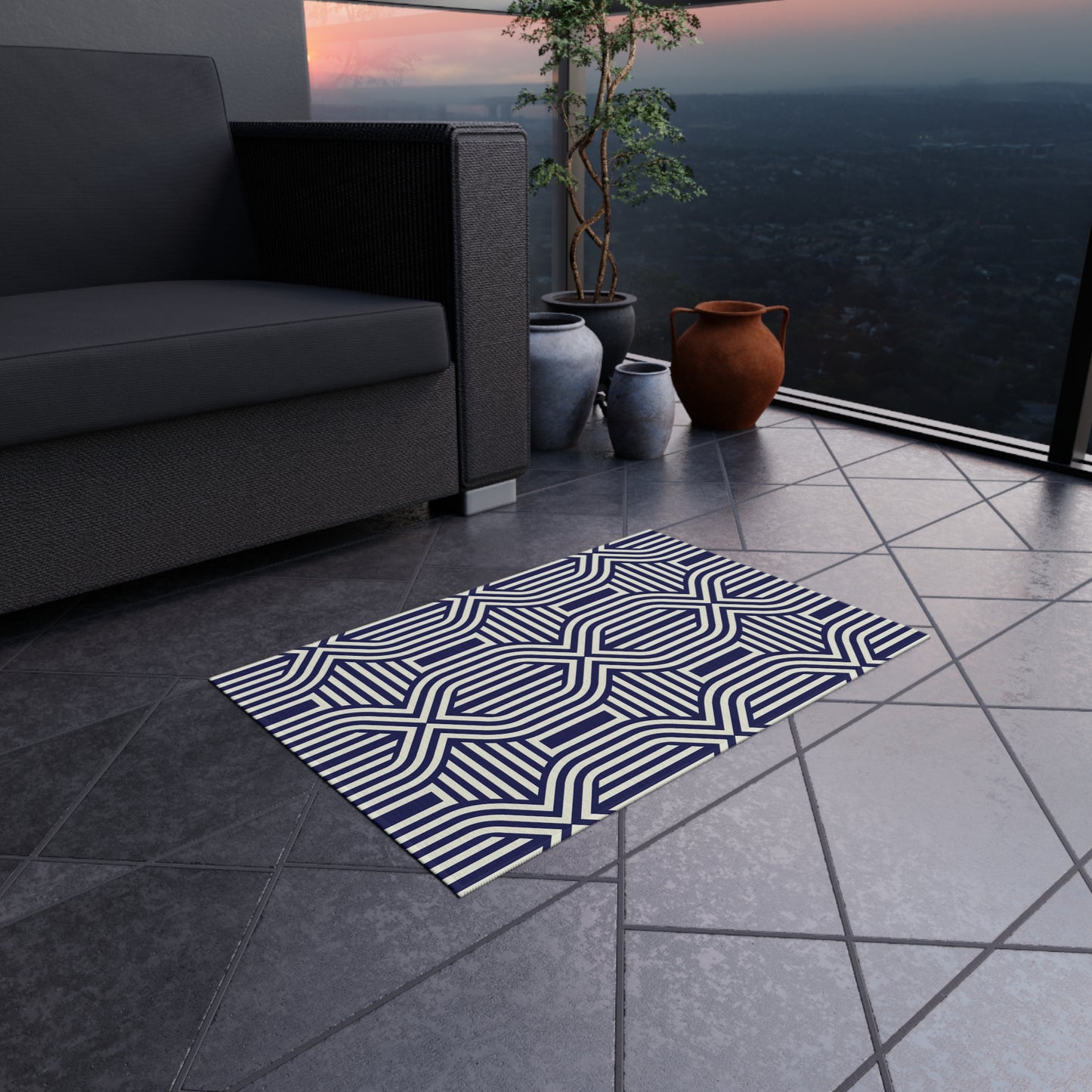 Navy and White Stylish Outdoor Rug, Patio Decor, Garden Mat, Indoor-Outdoor Area Rug, Beach Blanket, Porch Accent, Home Decoration - LOLA VEGAS ART