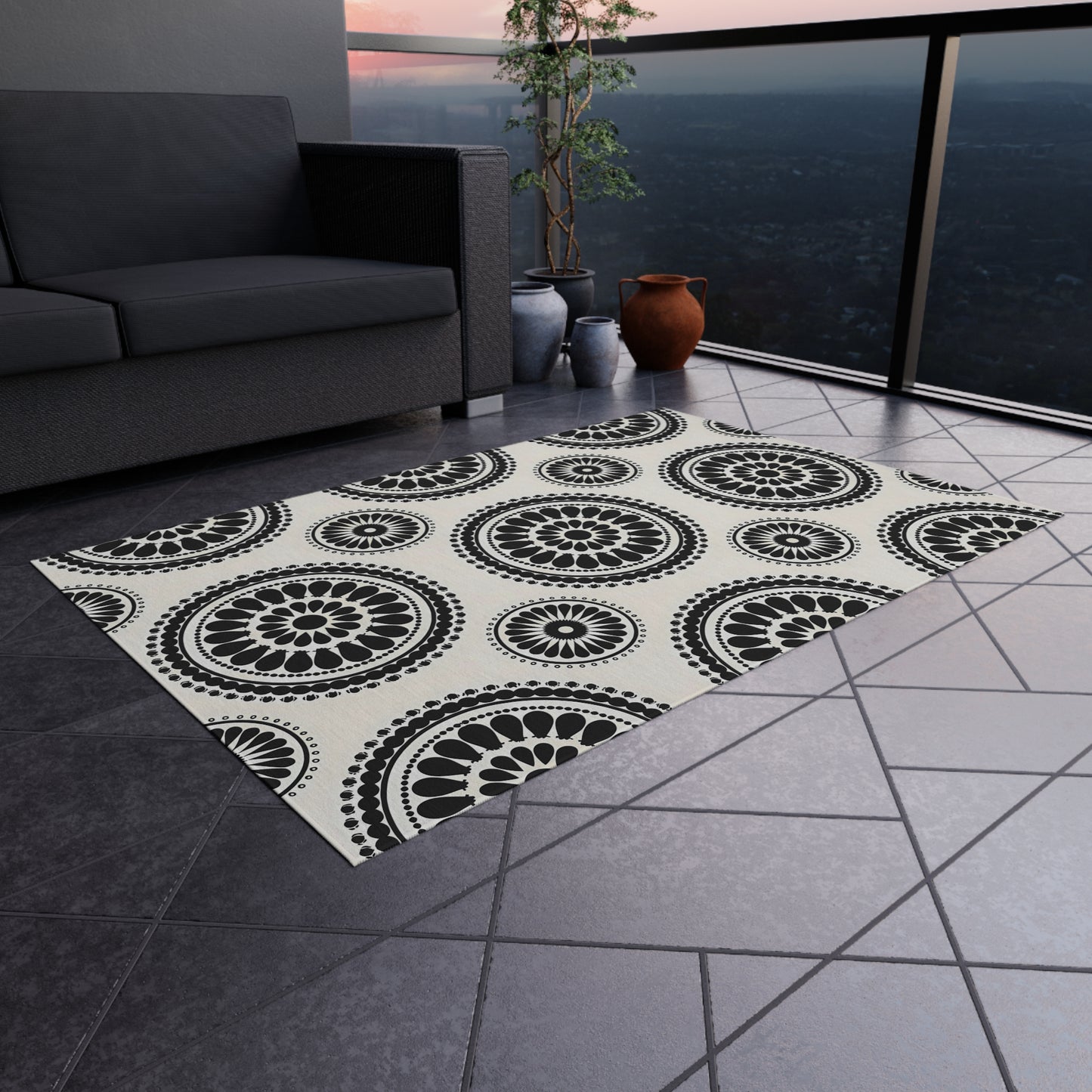 Black and White Stylish Outdoor Rug for Patios, Decks, and Gardens - Boho Chic Floor Mat for Entertaining, Home Decor, Picnic, Camping