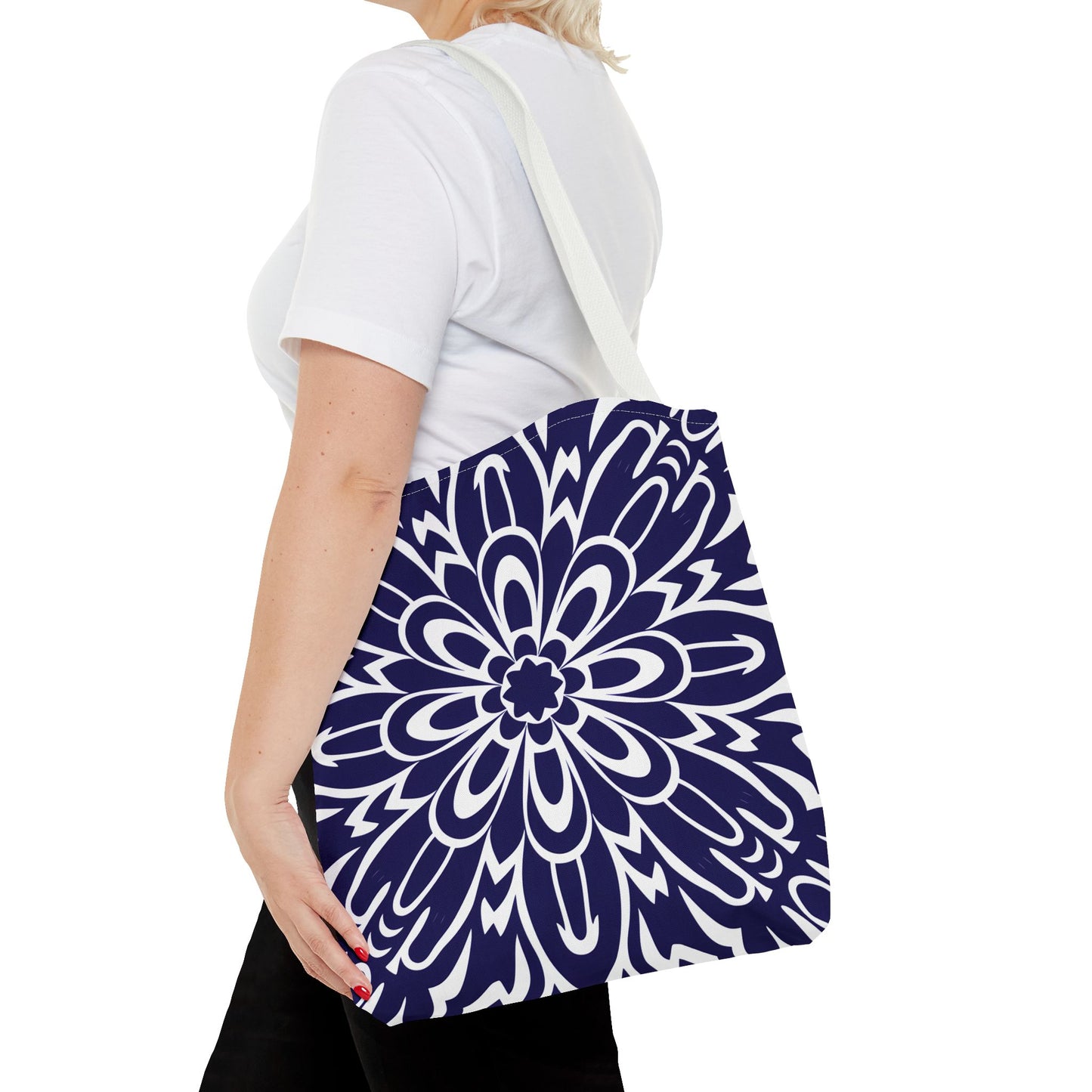 Vibrant Navy Blue and White Floral Tote Bag, Boho Chic Shopper Bag, Eco-Friendly Grocery Tote, Stylish Beach Bag, Gift for Mom or Bride - LOLA VEGAS ART