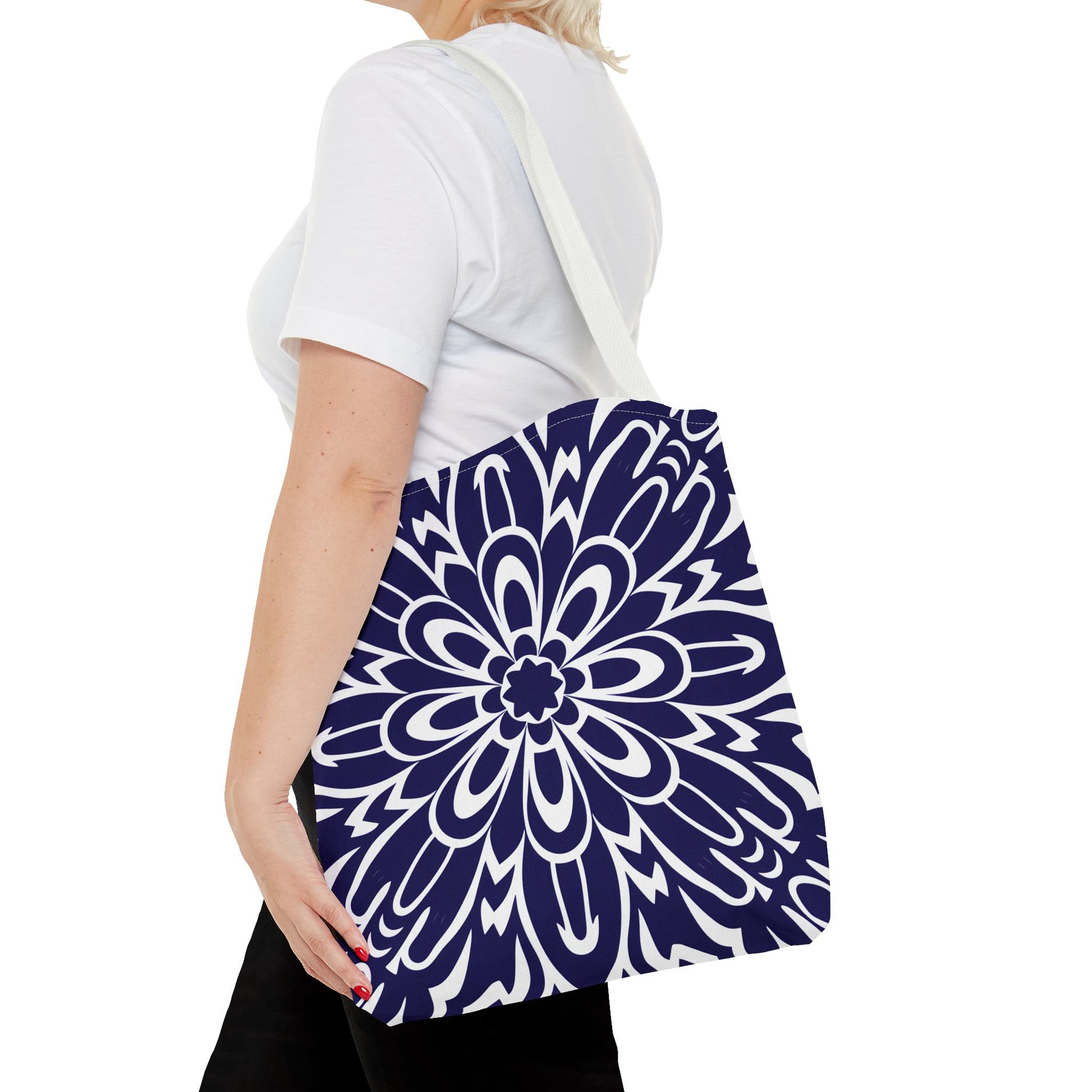Vibrant Navy Blue and White Floral Tote Bag, Boho Chic Shopper Bag, Eco-Friendly Grocery Tote, Stylish Beach Bag, Gift for Mom or Bride - LOLA VEGAS ART