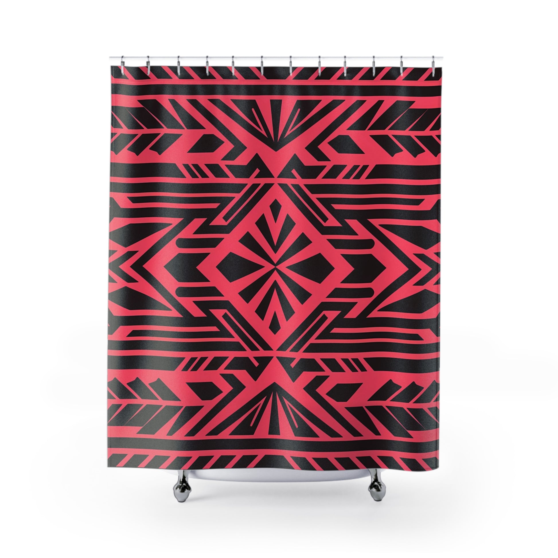 Boho Tribal Black Shower Curtain, Southwest Design on Pink-Red Background Bathroom Decor, Unique Home Accent, Hippie Style Bath Curtain, - LOLA VEGAS ART