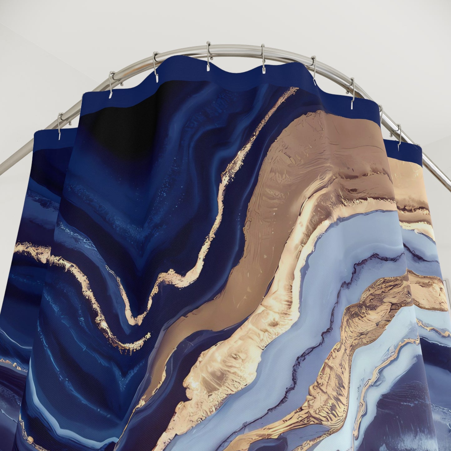 Geode Layers Shower Curtain, Blue Gold White Bathroom Decor, Unique Printed Bath Curtain, Luxury Spa Ornaments, Elegant Bathroom Accessories - LOLA VEGAS ART