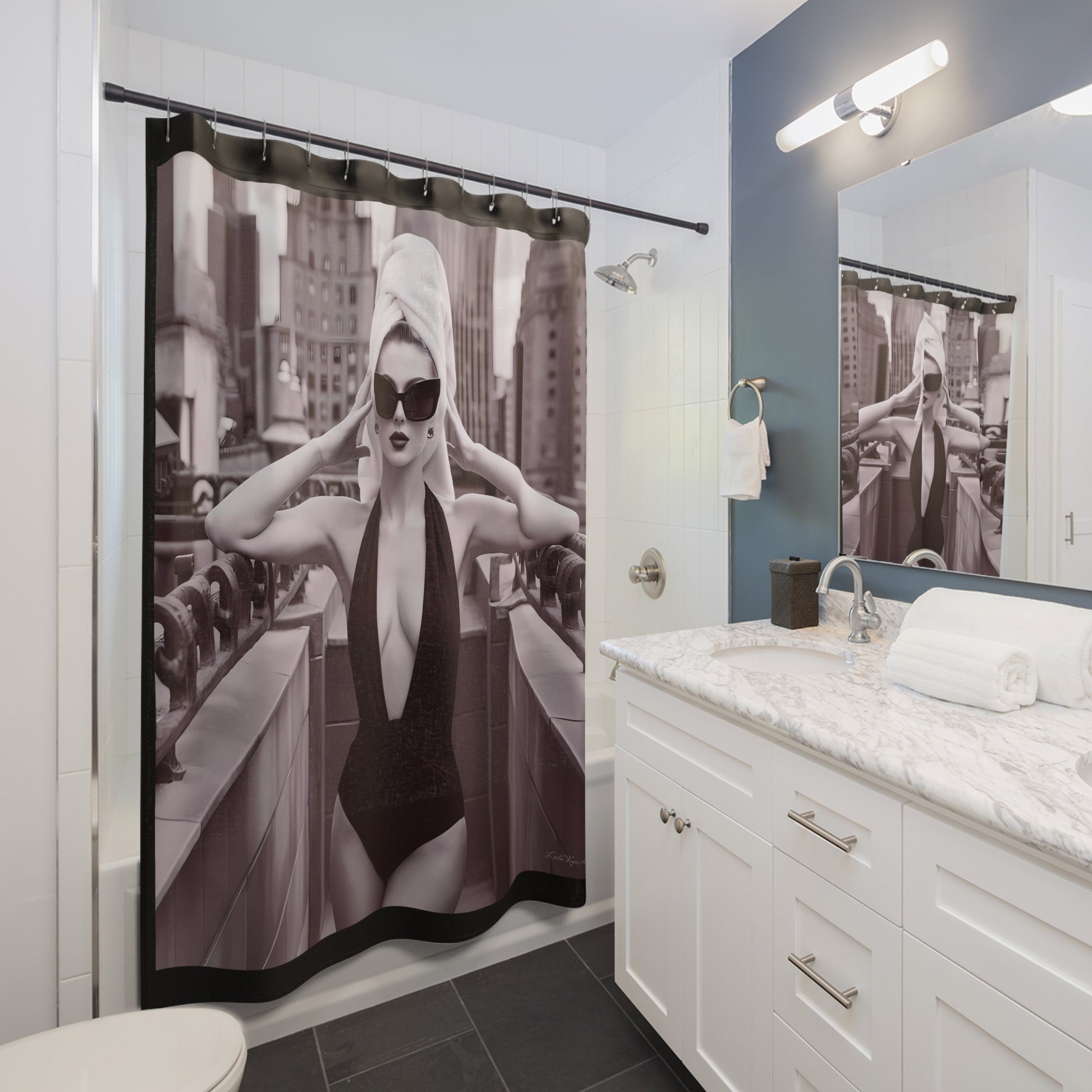 Fashionista Glamour Shower Curtain - Sepia Toned Fine Art Photography, NYC Rooftop Deck, Bathroom Decor - LOLA VEGAS ART