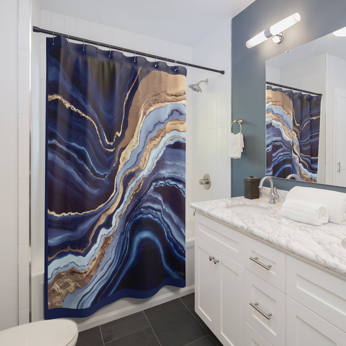 Geode Layers Shower Curtain, Blue Gold White Bathroom Decor, Unique Printed Bath Curtain, Luxury Spa Ornaments, Elegant Bathroom Accessories - LOLA VEGAS ART