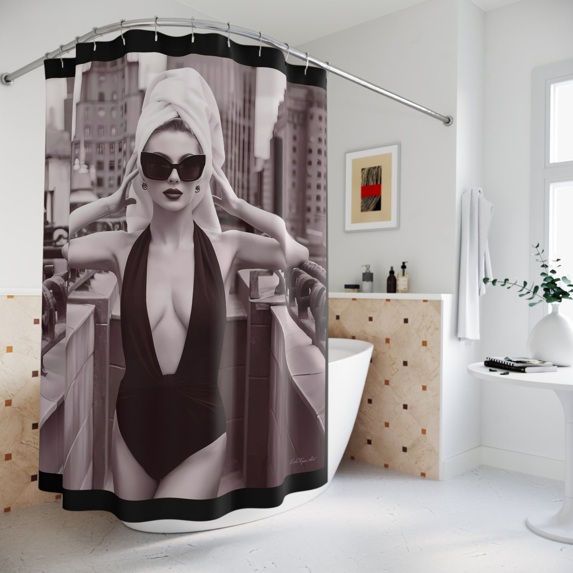 Fashionista Glamour Shower Curtain - Sepia Toned Fine Art Photography, NYC Rooftop Deck, Bathroom Decor - LOLA VEGAS ART