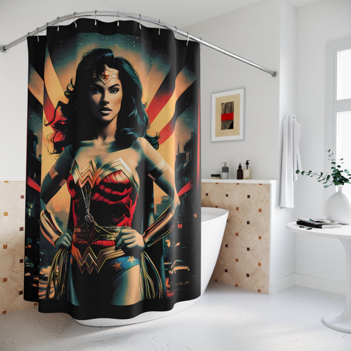 Wonder Woman Shower Curtain, Female Empowerment Comic Book Retro Art Bathroom Accessories, Superhero Bath Decor, Geeky Home Decor, Unique - LOLA VEGAS ART
