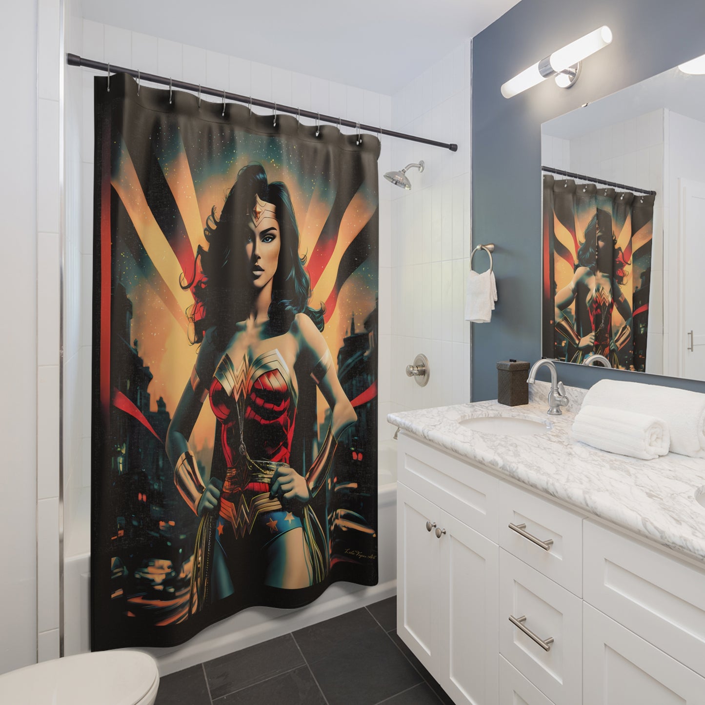Wonder Woman Shower Curtain, Female Empowerment Comic Book Retro Art Bathroom Accessories, Superhero Bath Decor, Geeky Home Decor, Unique - LOLA VEGAS ART
