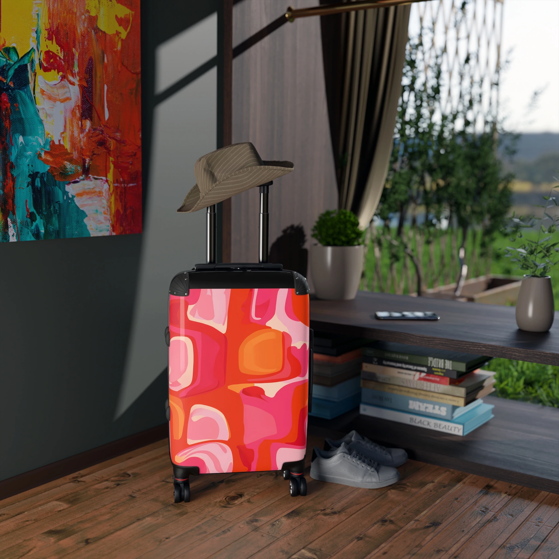 Orange and Pink Abstract Suitcase, Luggage, Travel Bags, 1960's Style, Wanderlust Adventure Organizer, Weekend Getaway Bag, Honeymoon Travel - LOLA VEGAS ART