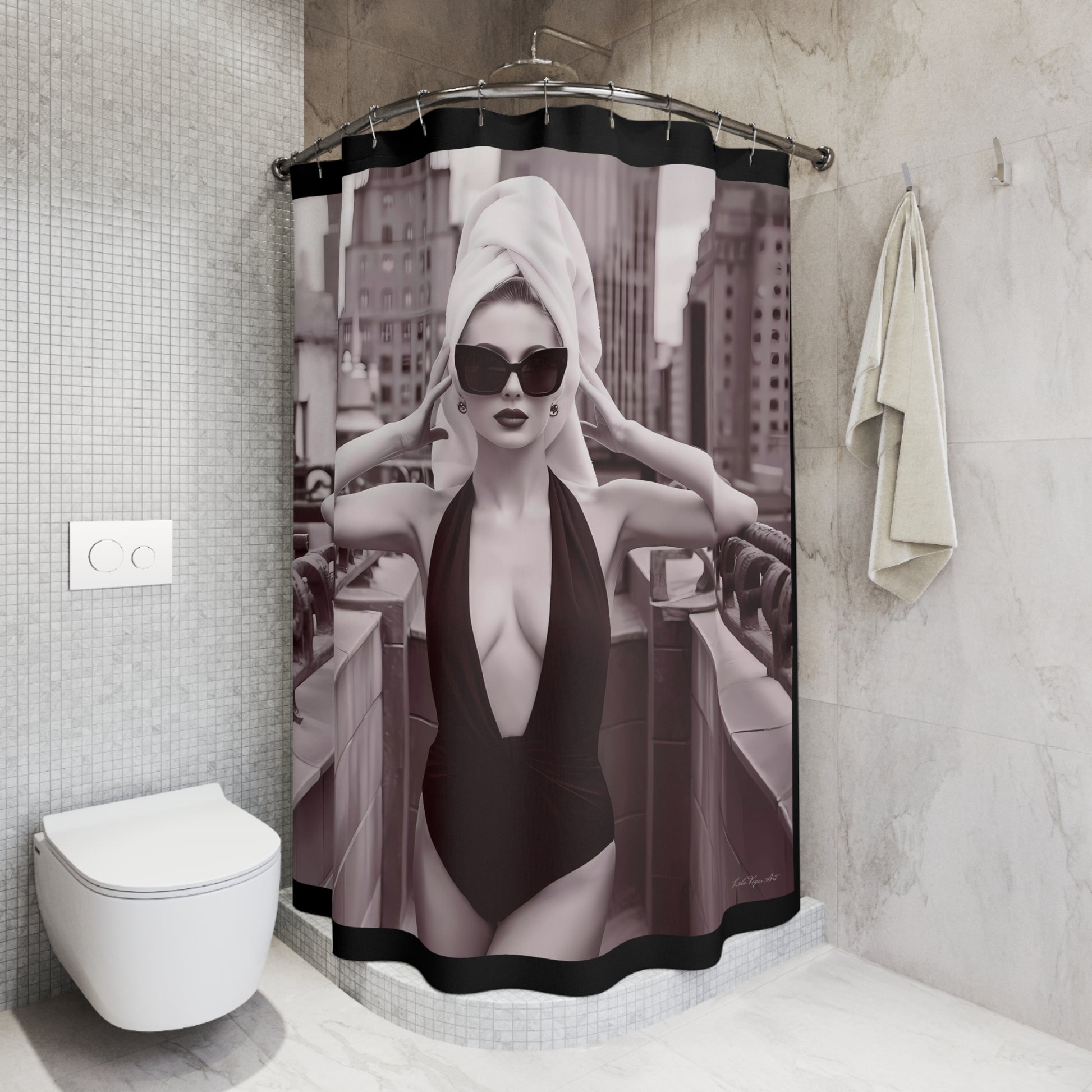 Fashionista Glamour Shower Curtain - Sepia Toned Fine Art Photography, NYC Rooftop Deck, Bathroom Decor - LOLA VEGAS ART
