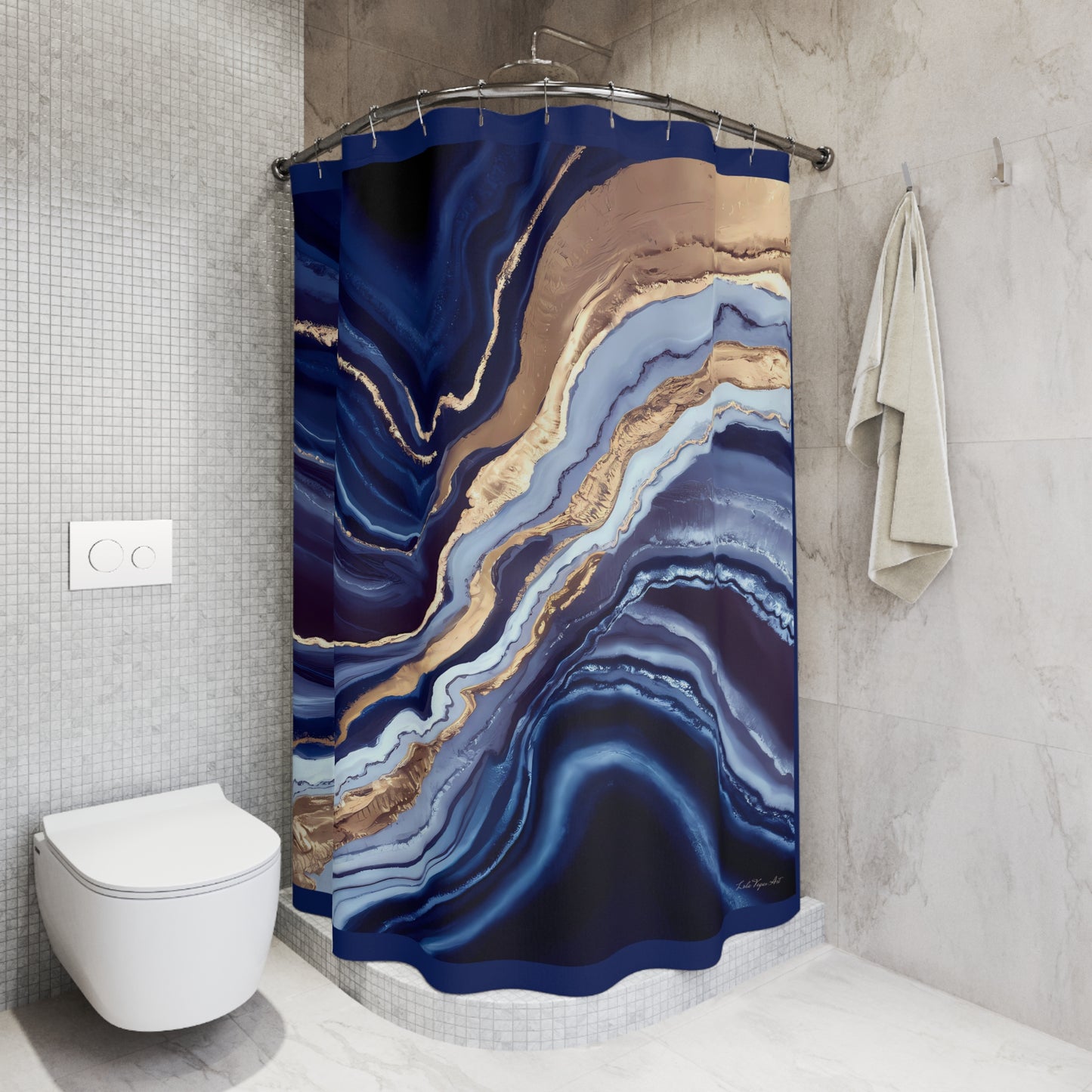 Geode Layers Shower Curtain, Blue Gold White Bathroom Decor, Unique Printed Bath Curtain, Luxury Spa Ornaments, Elegant Bathroom Accessories - LOLA VEGAS ART